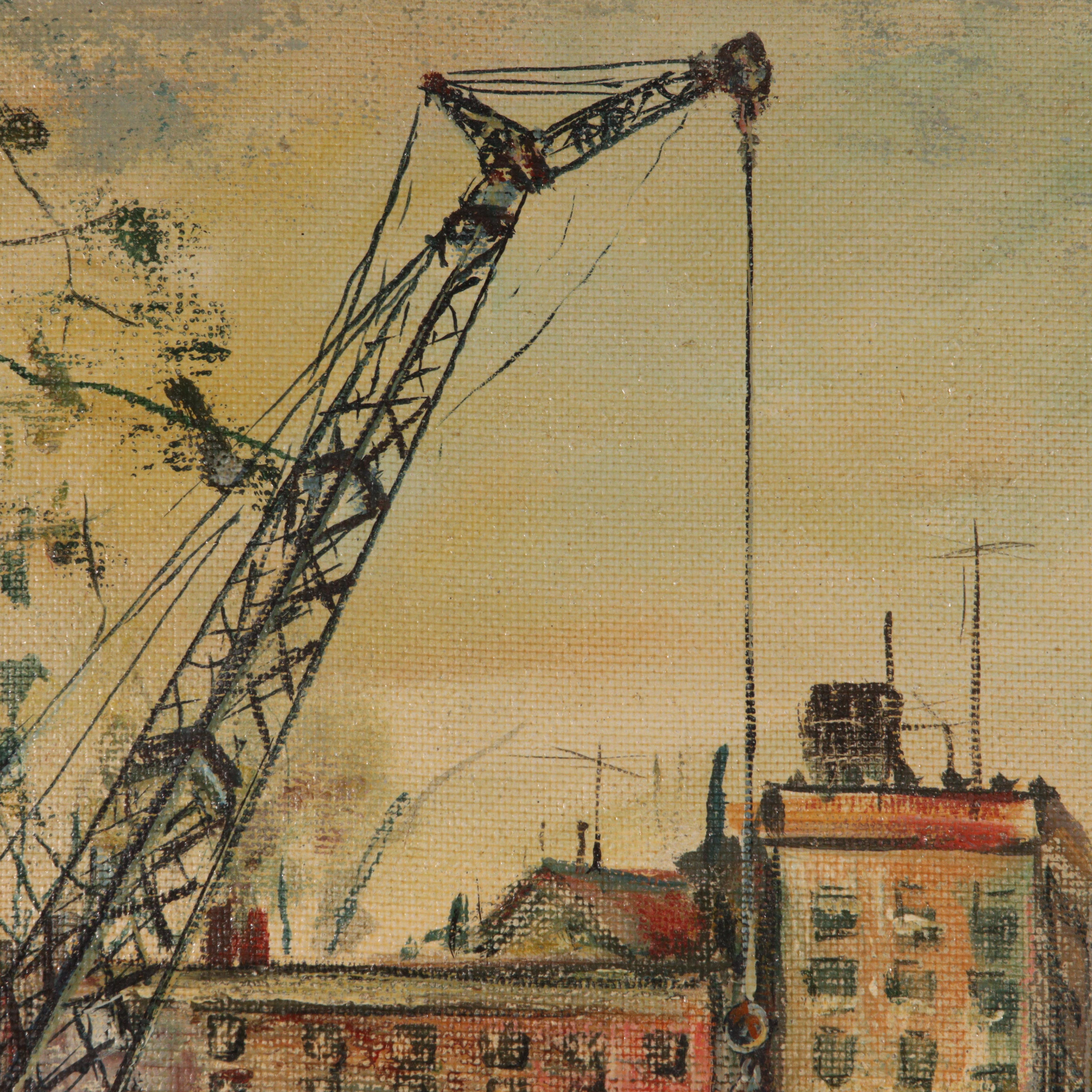 Boys Playing, city scene with construction crane in background For Sale 7