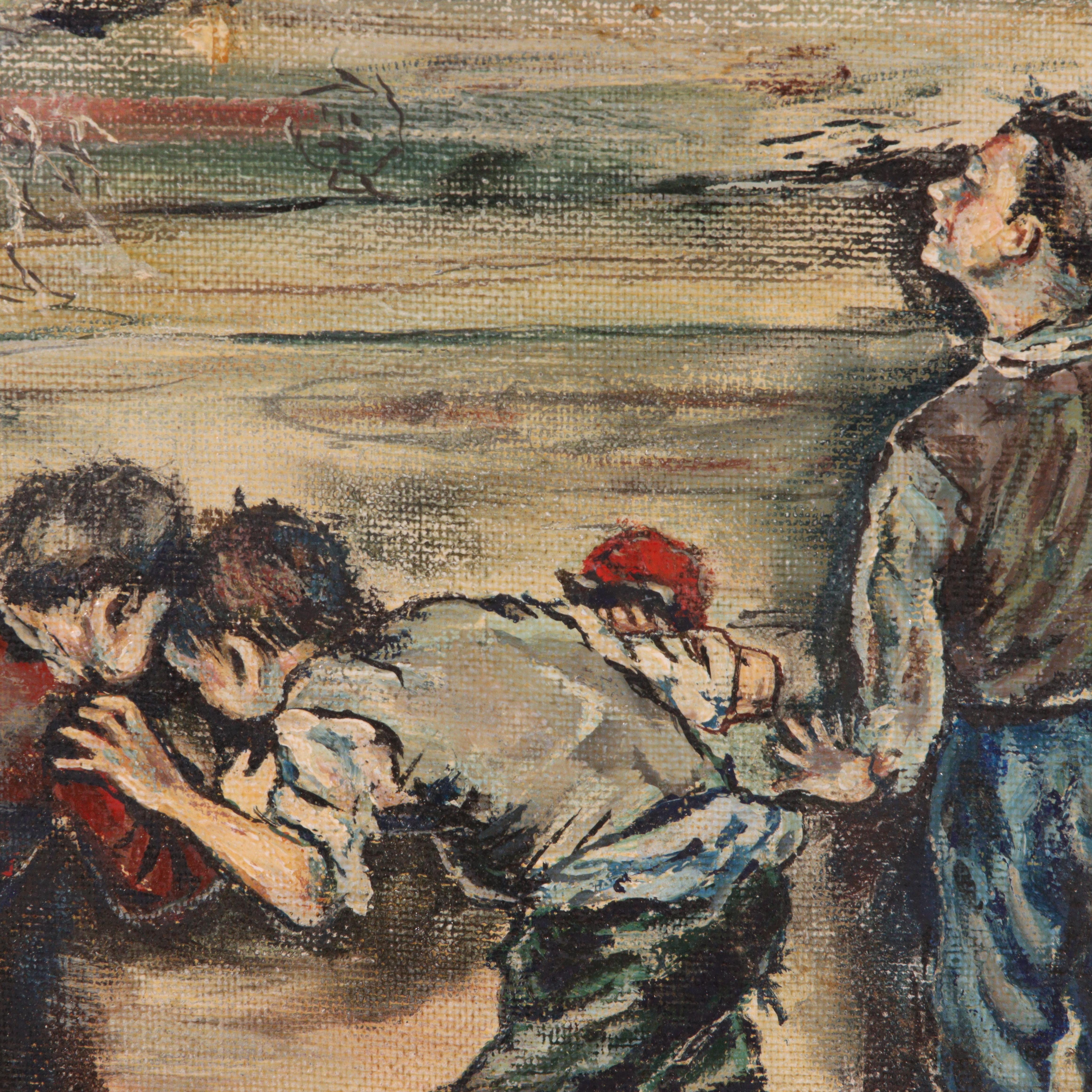 Boys Playing, city scene with construction crane in background - Painting by Isadore Firestone