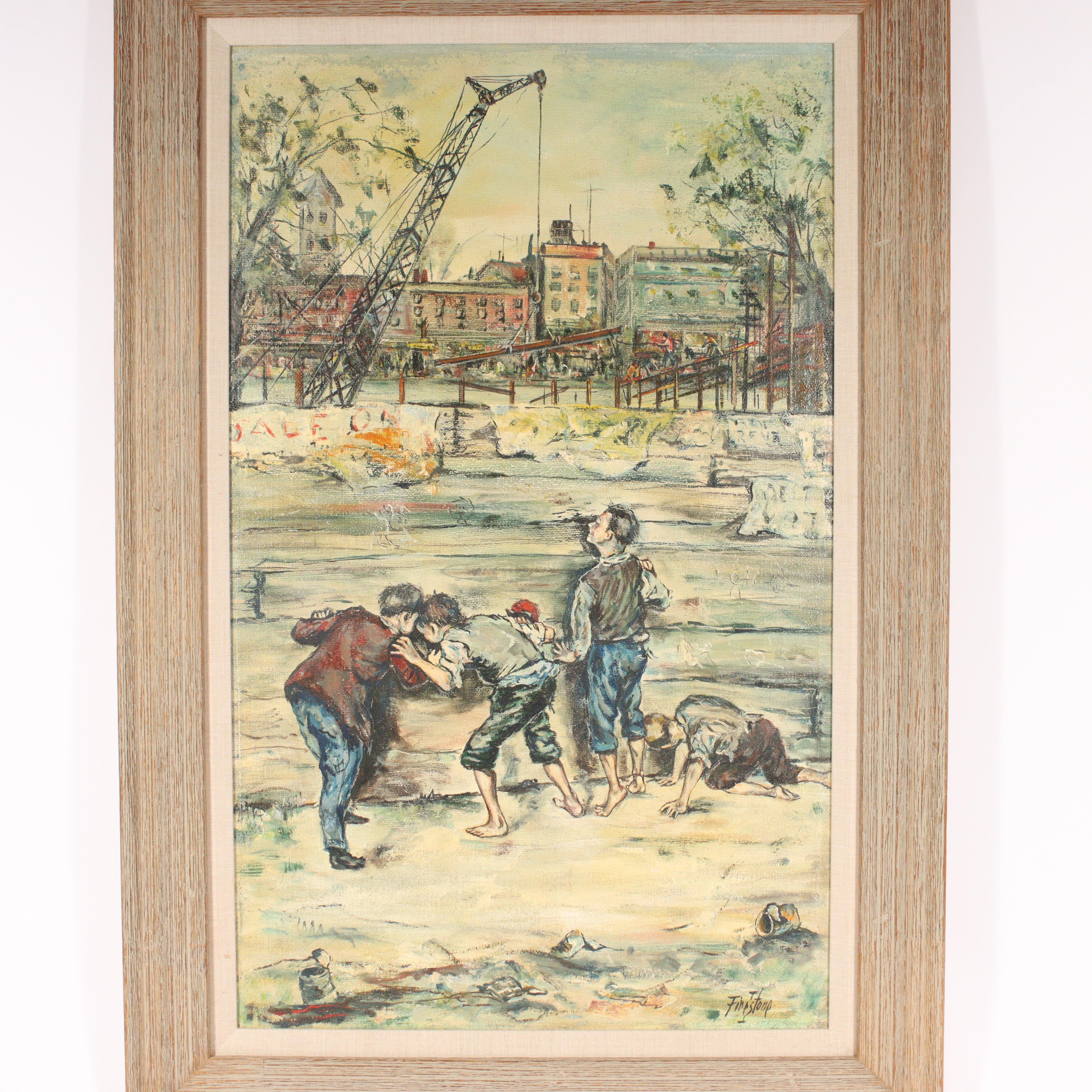 Boys Playing, city scene with construction crane in background - Post-War Painting by Isadore Firestone