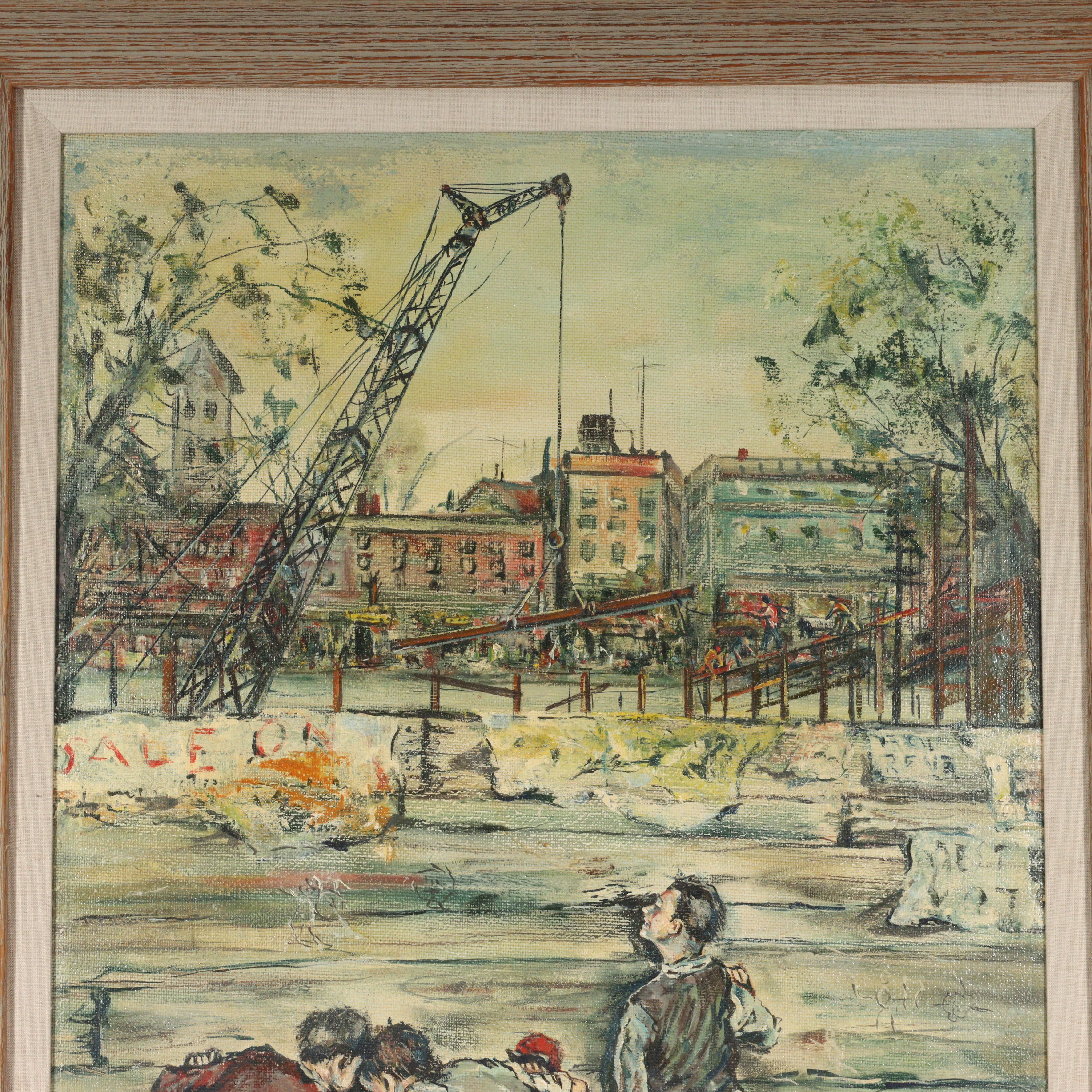 Boys Playing, city scene with construction crane in background For Sale 3