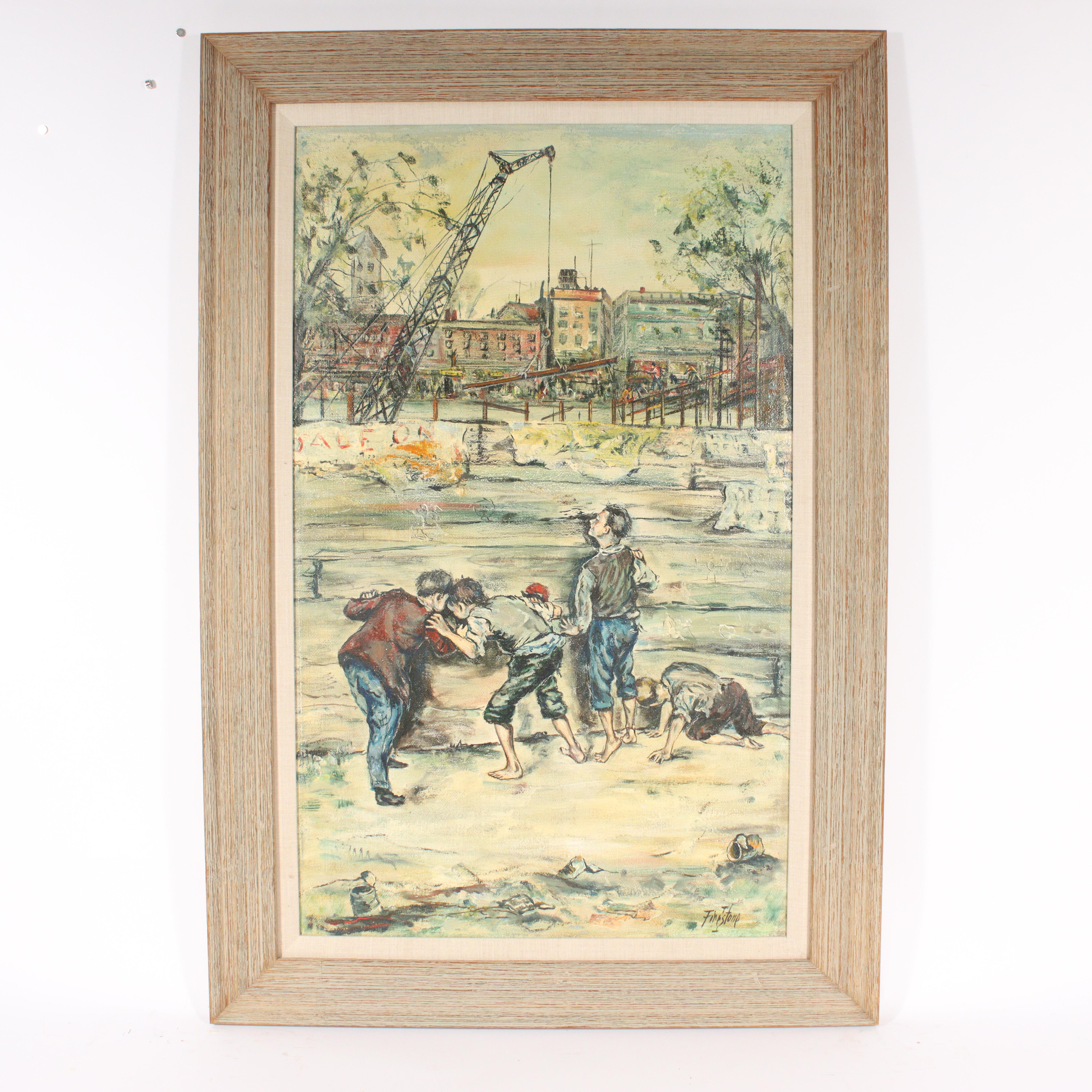 Isadore Firestone Figurative Painting - Boys Playing, city scene with construction crane in background