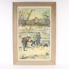 Boys Playing, city scene with construction crane in background
