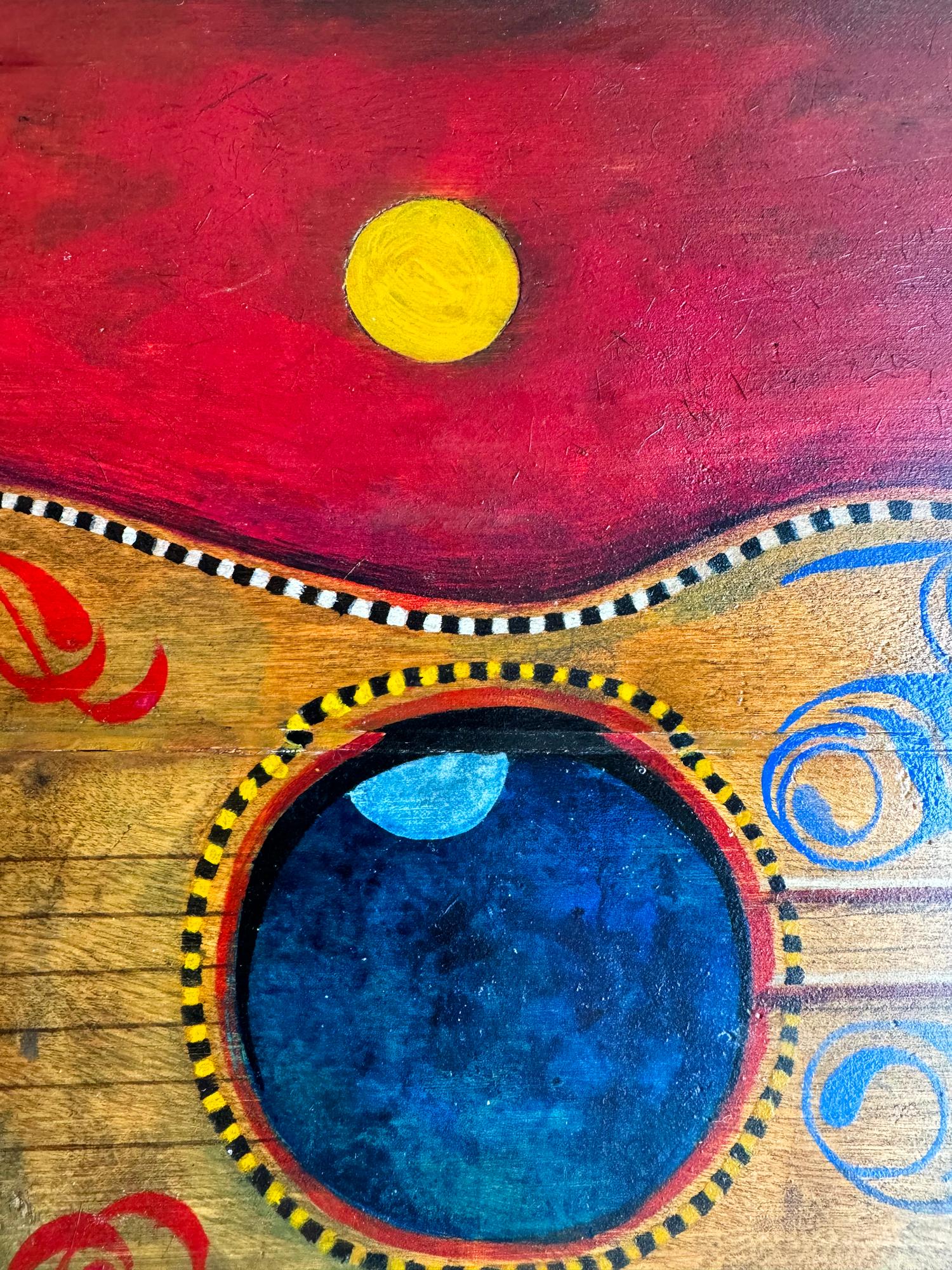 Música Fantasía Folk Guitarra con Dos Lunas y Locomotora de Vapor en Fondo Rojo - Painting Surrealista de Isadore Seltzer
