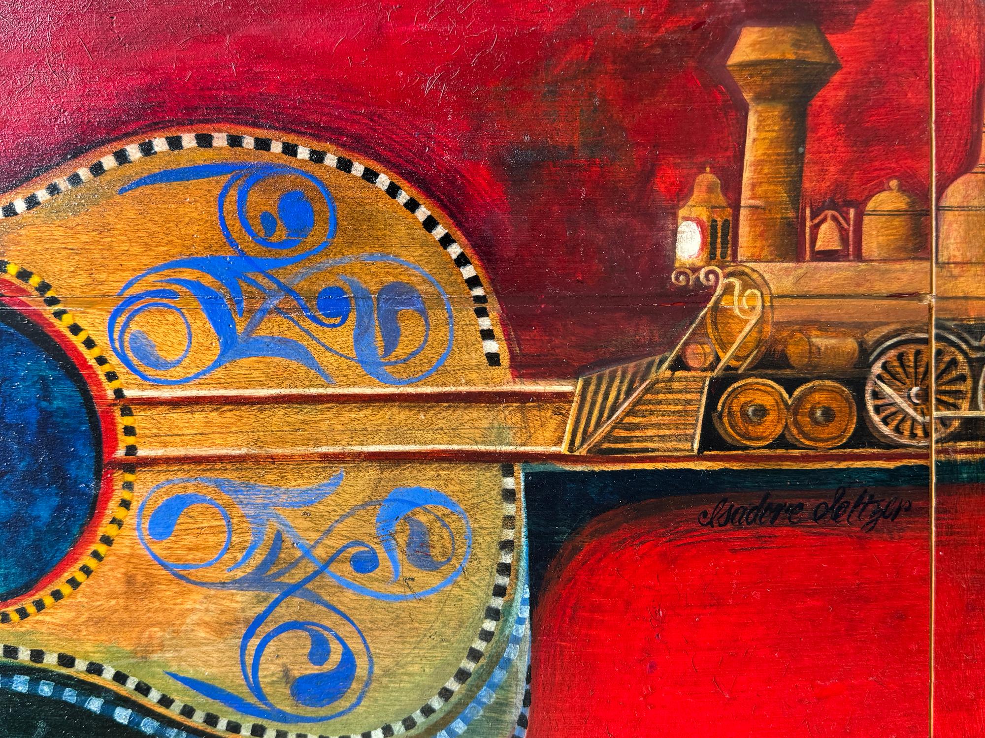 El famoso ilustrador Isadore Seltzer pinta una guitarra folk de fantasía en un escenario surrealista. El espectador mira hacia abajo, hacia la guitarra, mientras descansa en un audaz espacio rojo en el que se mezclan el primer plano y el cielo.  Una