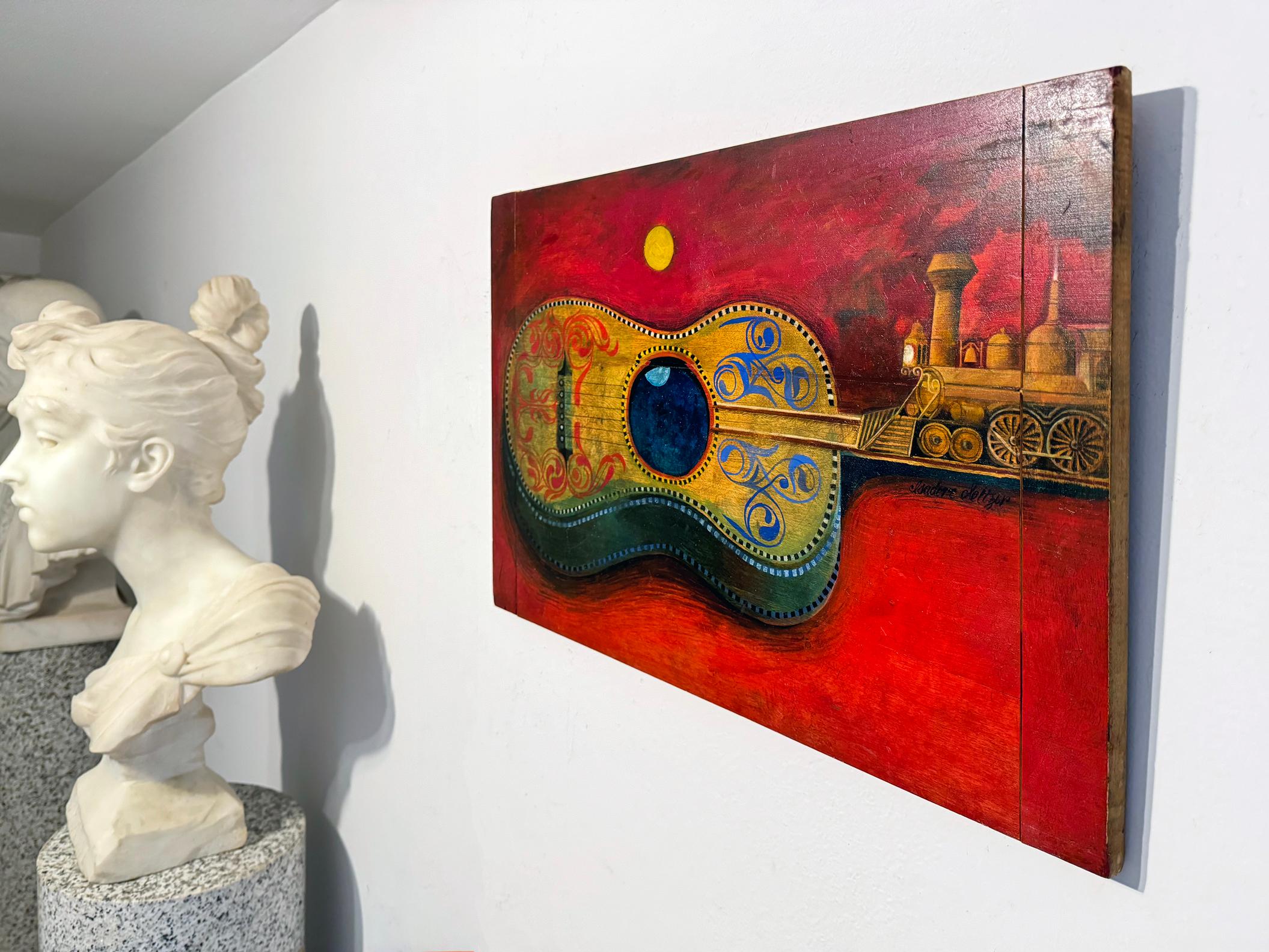 Música Fantasía Folk Guitarra con Dos Lunas y Locomotora de Vapor en Fondo Rojo en venta 2