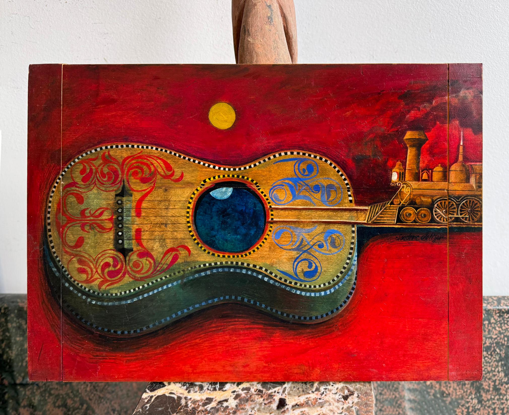 Música Fantasía Folk Guitarra con Dos Lunas y Locomotora de Vapor en Fondo Rojo en venta 3