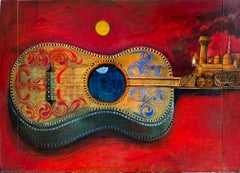 Musica Fantasia Folk Chitarra con due lune e locomotiva a vapore su sfondo rosso