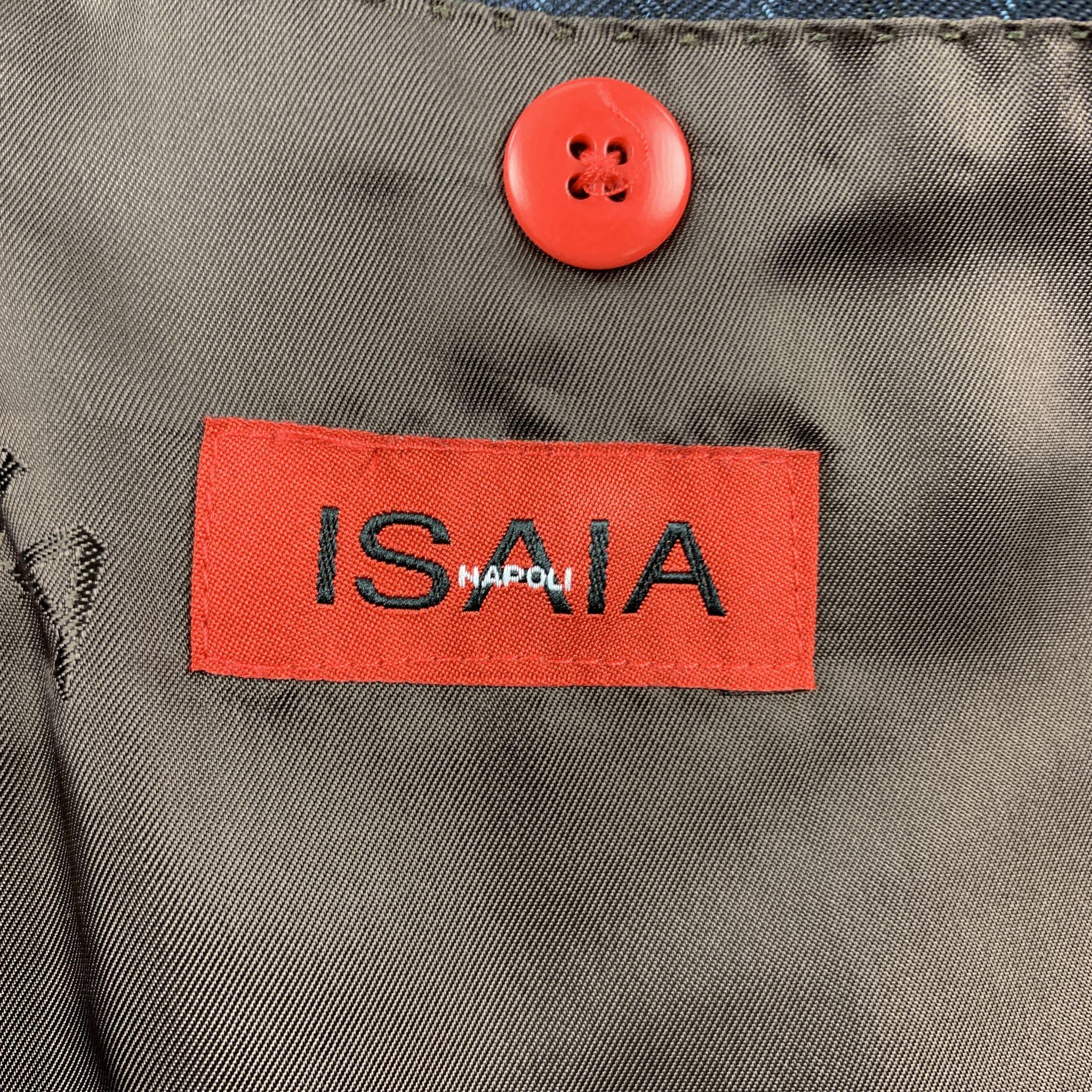 Men's ISAIA Chest Size 40 Long Stripe Navy Wool 32 34 Peak Lapel Suit
