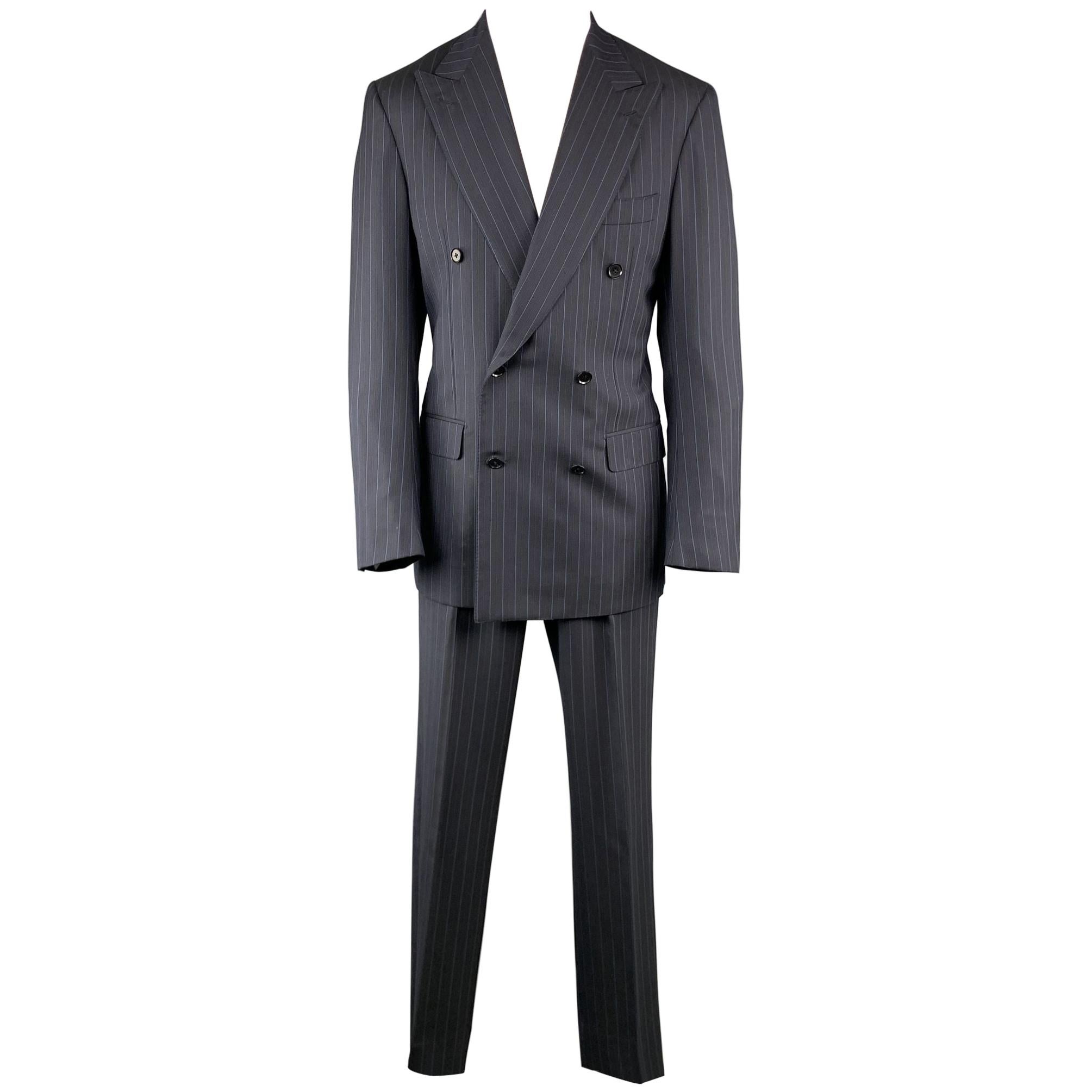 ISAIA Chest Size 40 Long Stripe Navy Wool 32 34 Peak Lapel Suit