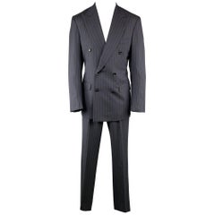 ISAIA Chest Size 40 Long Stripe Navy Wool 32 34 Peak Lapel Suit