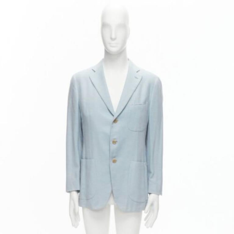 ISAIA Dustin 100% cotton light blue topstitch collar 3 pockets blazer IT50 L For Sale 4