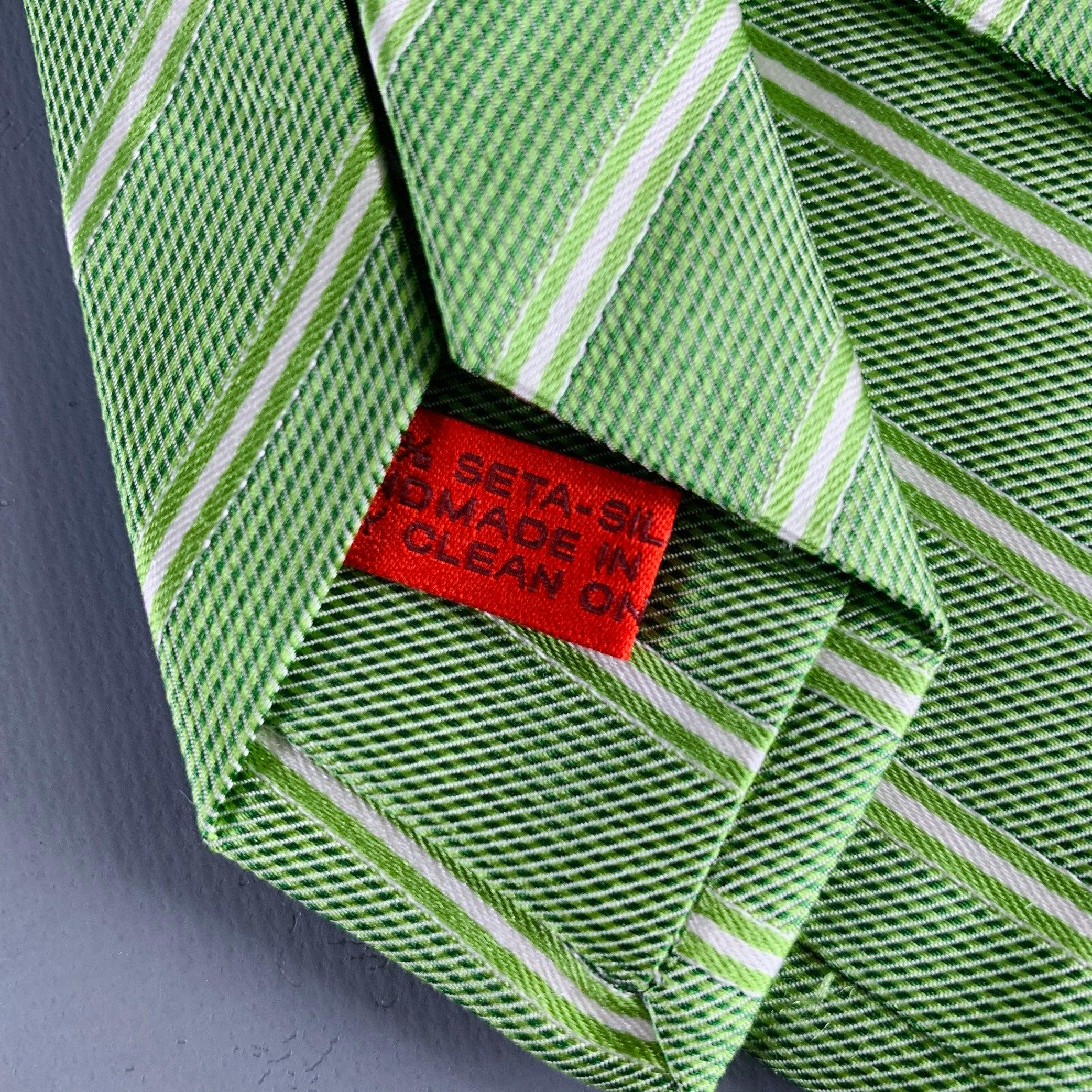 ISAIA Green White Diagonal Stripe Silk Tie For Sale 1