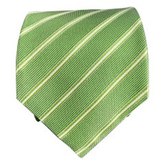 ISAIA Green White Diagonal Stripe Silk Tie