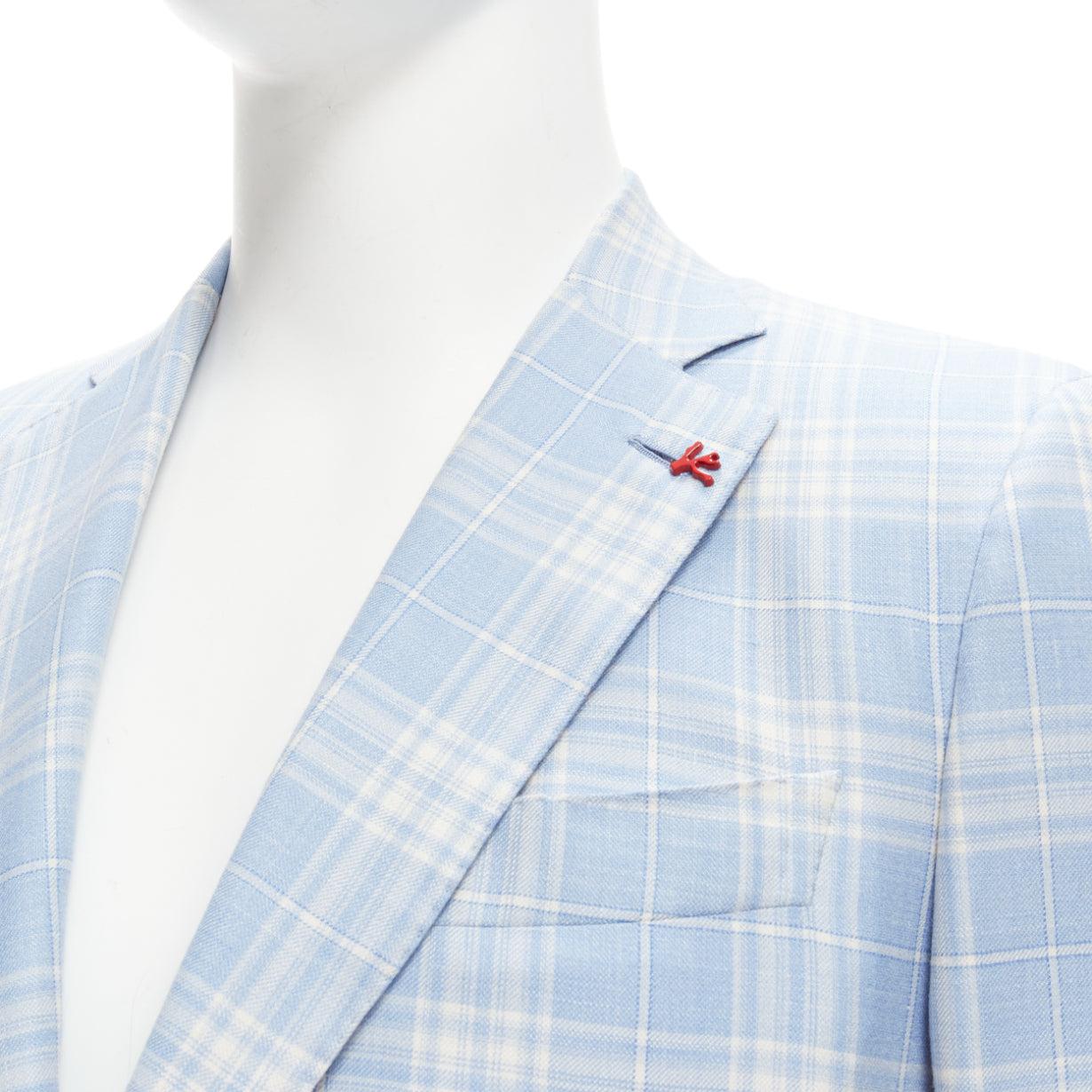 ISAIA Gregory blue check wool cashmere silk linen 2 pocket blazer IT48 M
Reference: JSLE/A00069
Brand: Isaia
Model: Gregory
Material: Wool, Blend
Color: Blue, White
Pattern: Checkered
Closure: Button
Lining: Blue Cupro
Extra Details: Double vent