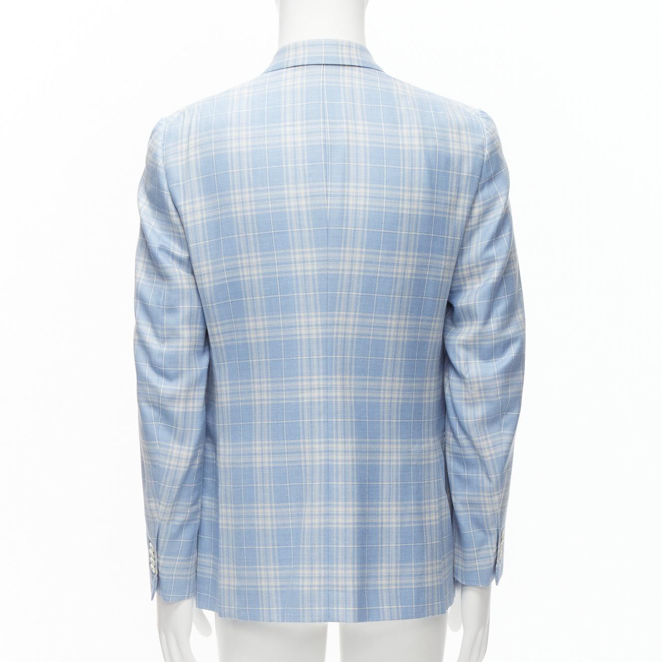 Men's ISAIA Gregory blue check wool cashmere silk linen 2 pocket blazer IT48 M