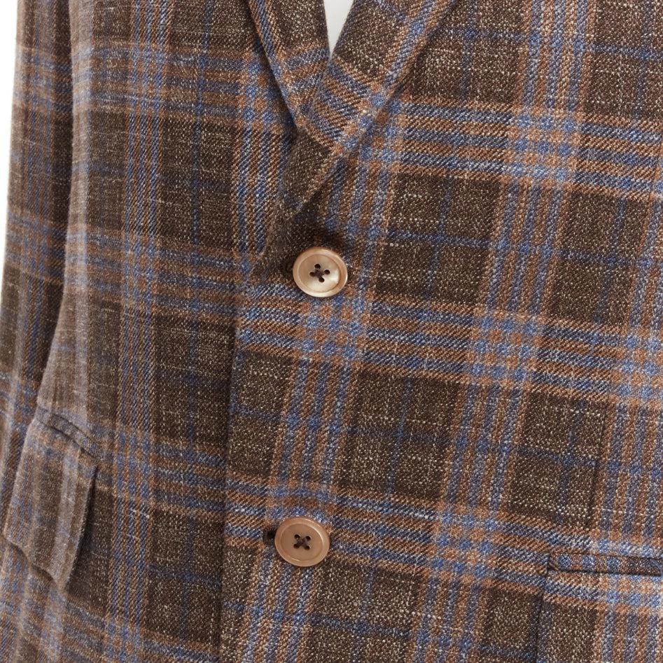 ISAIA Gregory brown check wool silk linen 2 pockets blazer jacket IT50 L
Reference: JSLE/A00068
Brand: Isaia
Model: Gregory
Material: Wool, Silk, Linen
Color: Brown, Blue
Pattern: Checkered
Closure: Button
Lining: Nude Cupro
Extra Details: Double