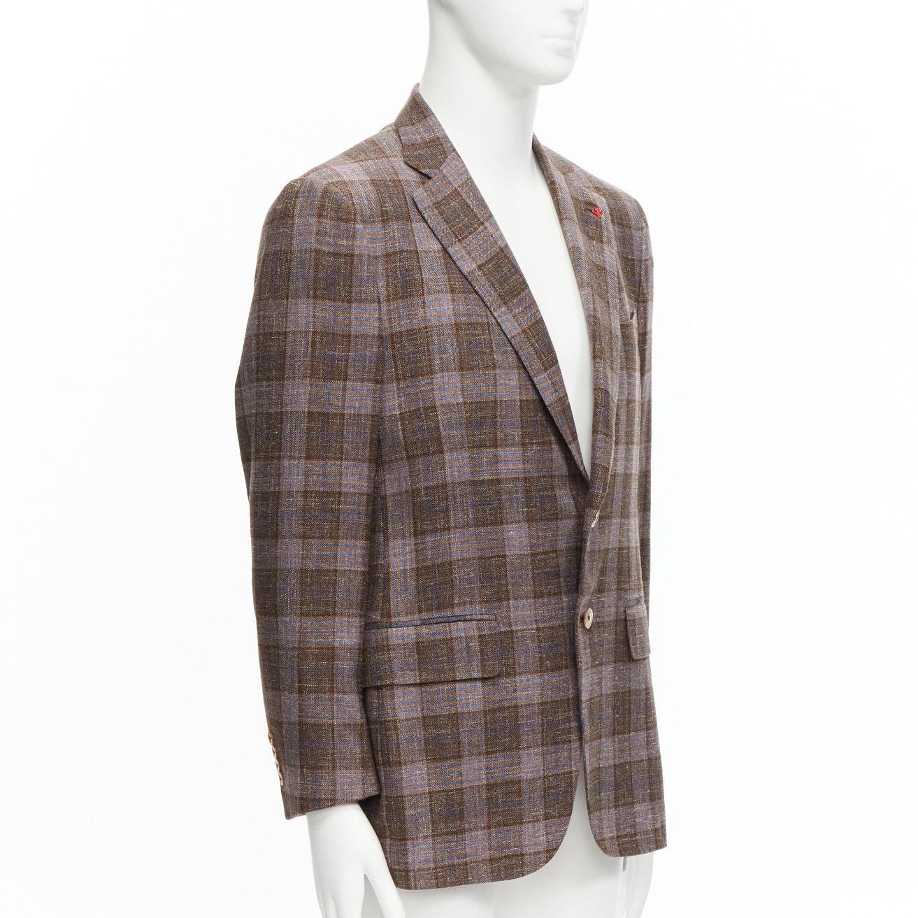ISAIA Gregory brown check wool silk linen 2 pockets blazer jacket IT50 L In Excellent Condition In Hong Kong, NT
