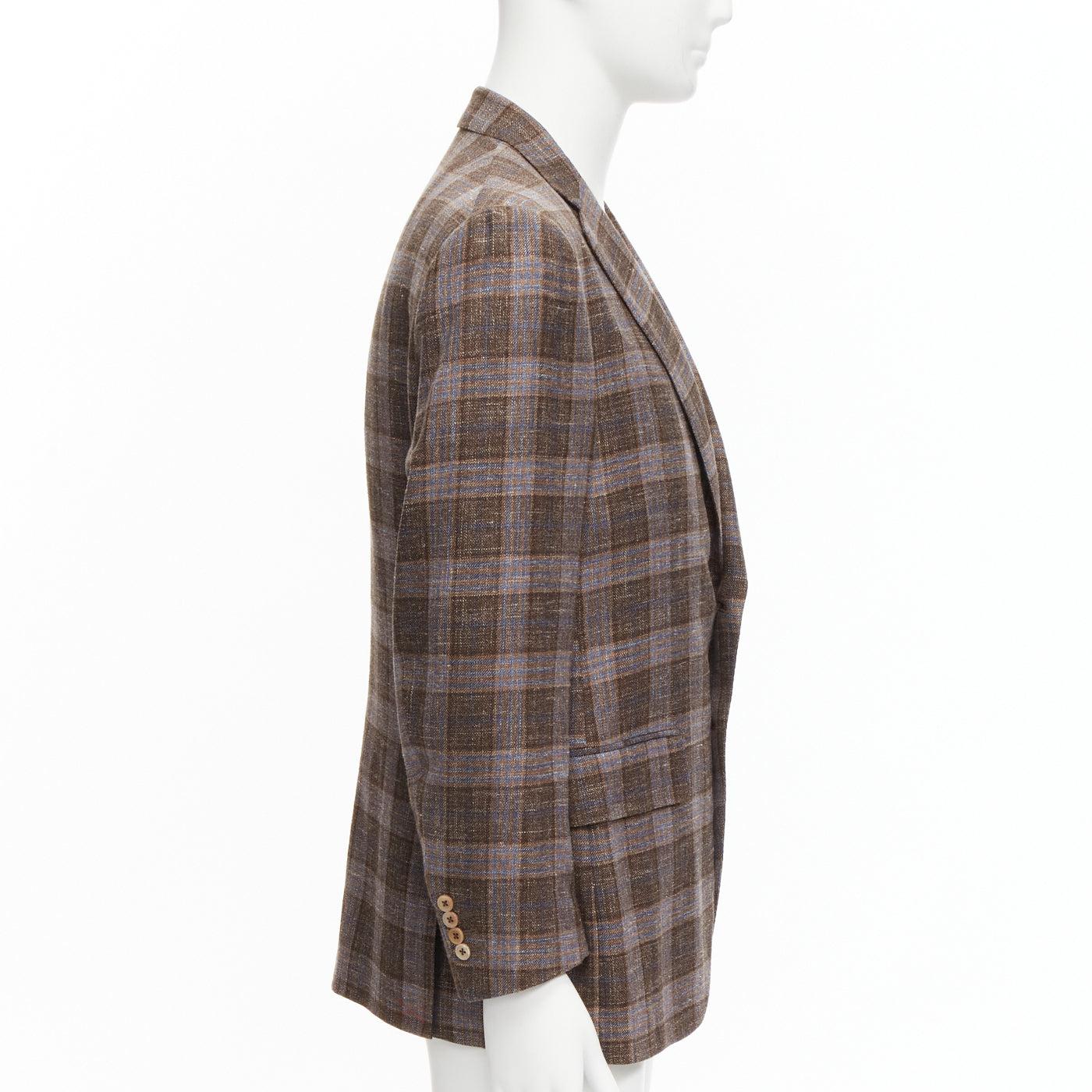 Men's ISAIA Gregory brown check wool silk linen 2 pockets blazer jacket IT50 L