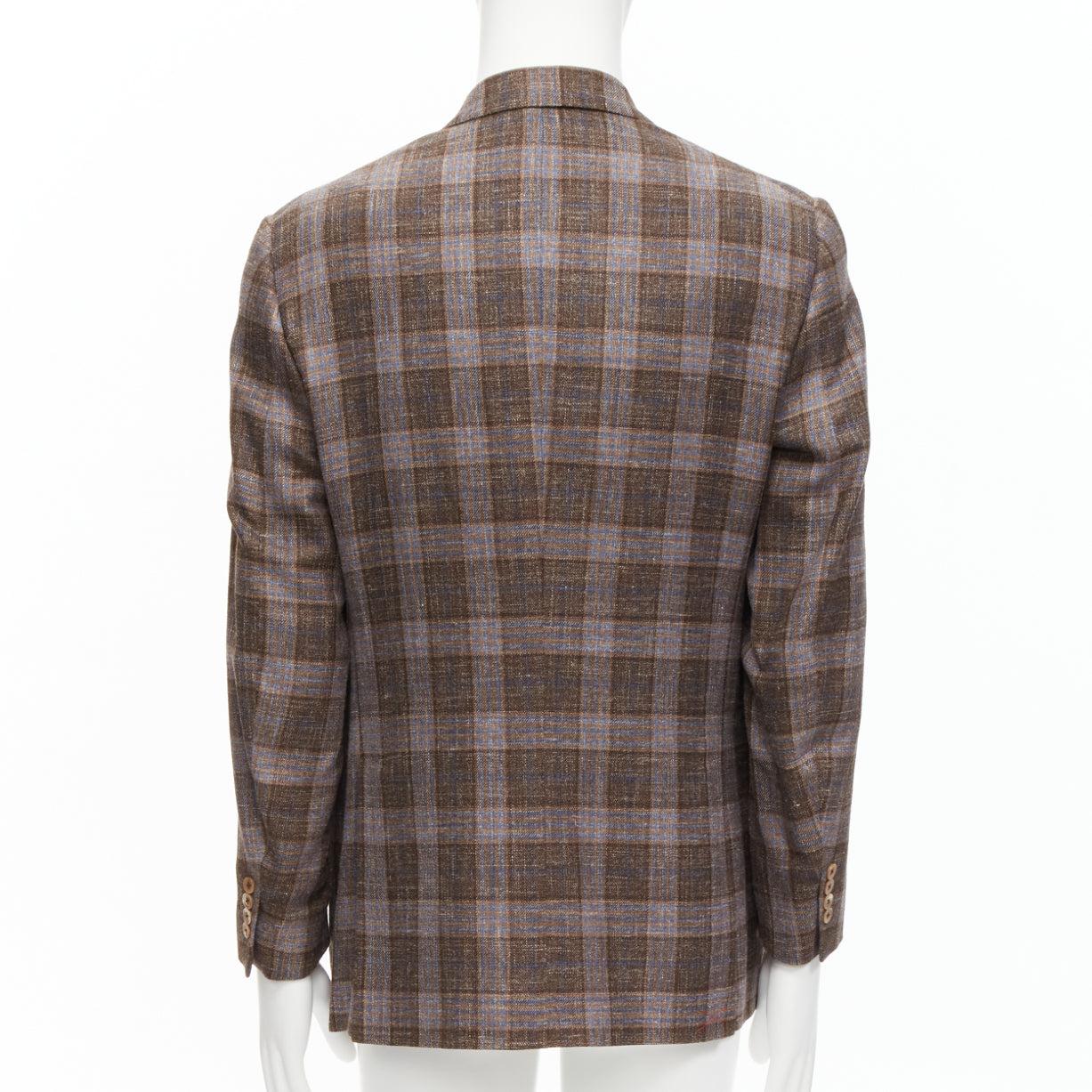 ISAIA Gregory brown check wool silk linen 2 pockets blazer jacket IT50 L 1