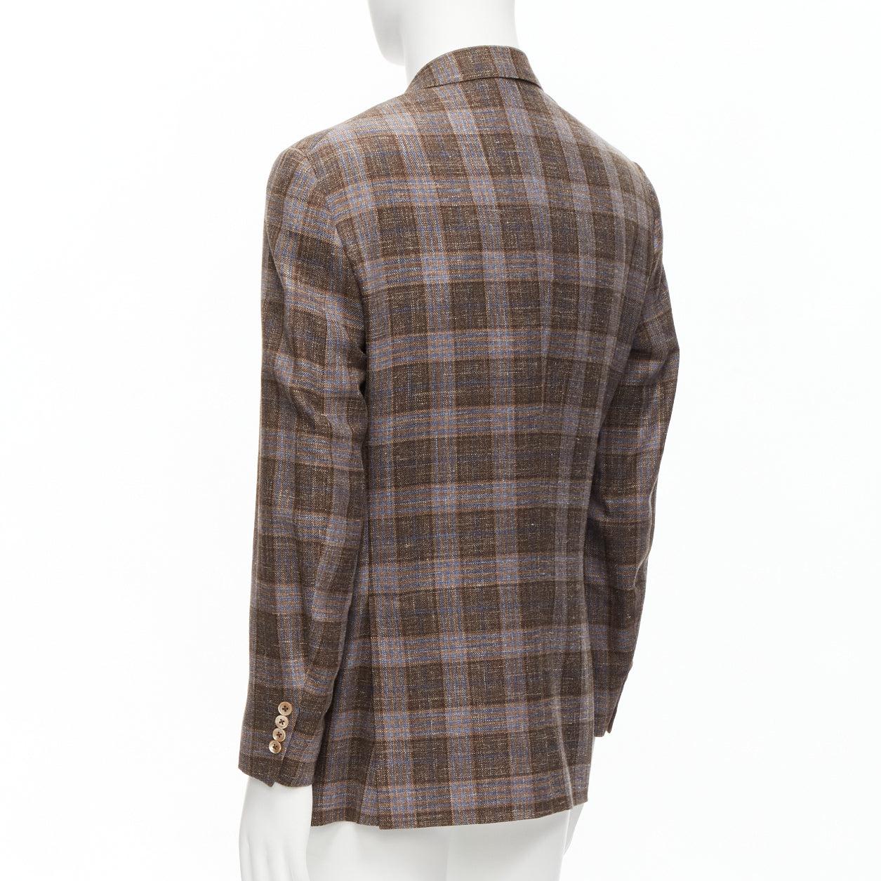 ISAIA Gregory brown check wool silk linen 2 pockets blazer jacket IT50 L 2