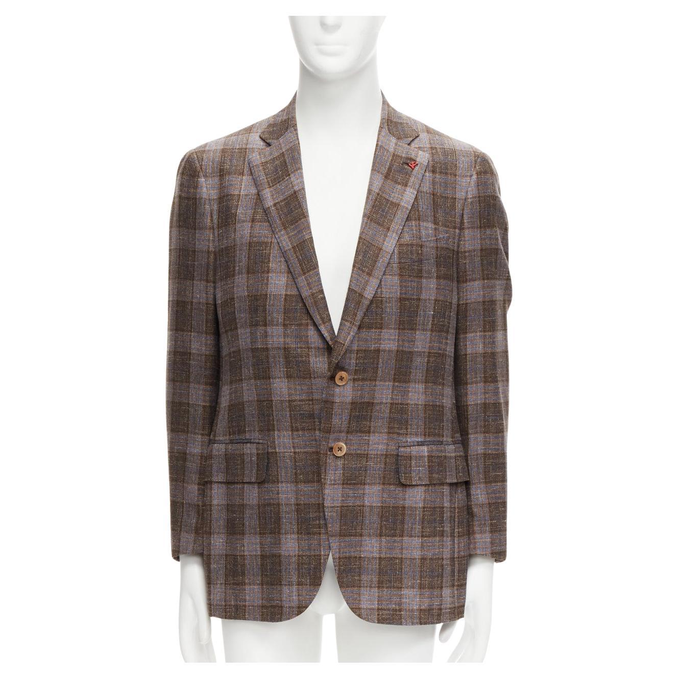 ISAIA Gregory brown check wool silk linen 2 pockets blazer jacket IT50 L