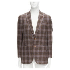 ISAIA Gregory brown check wool silk linen 2 pockets blazer jacket IT50 L