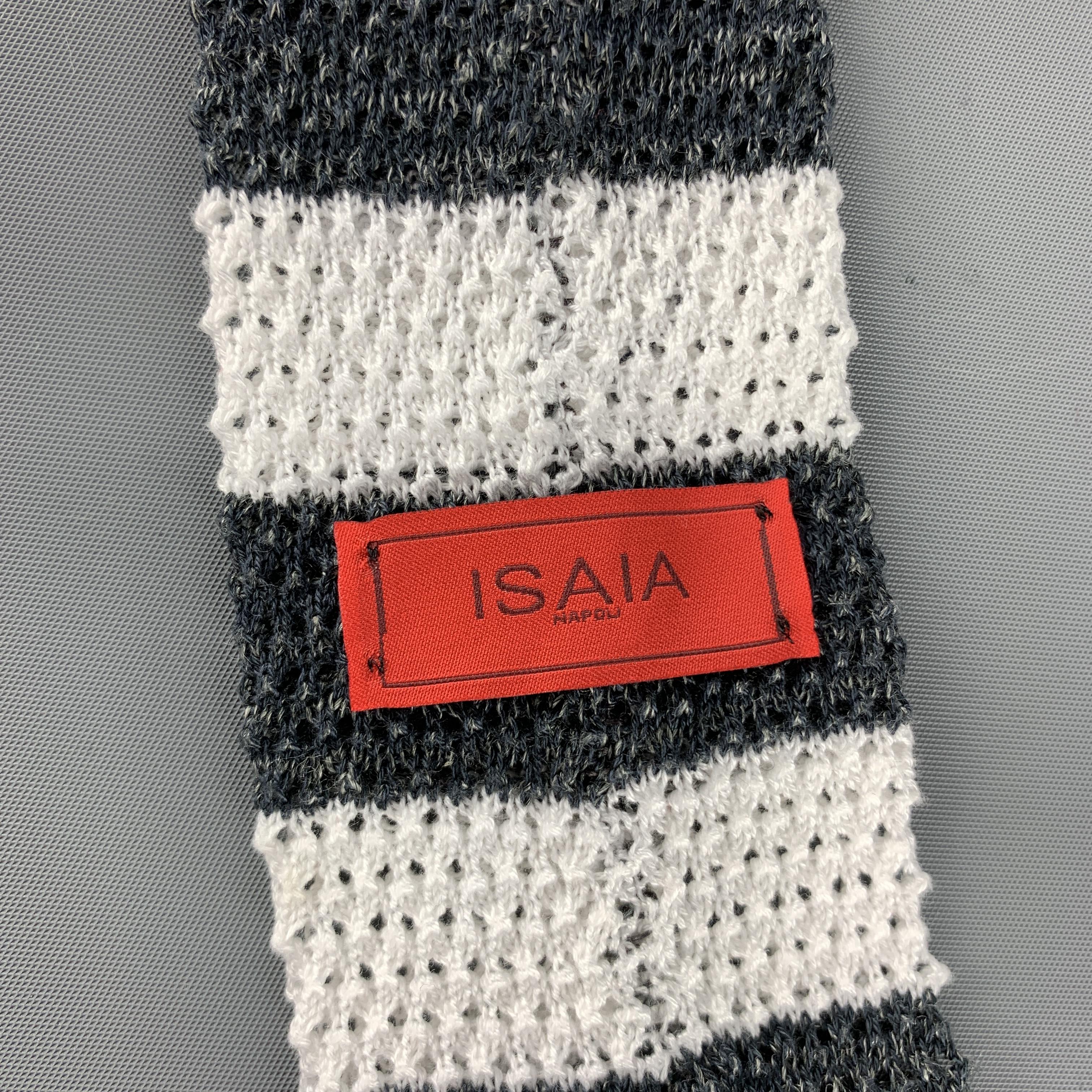 Gray ISAIA Grey & White Striped Cotton / Linen Knit Skinny Tie