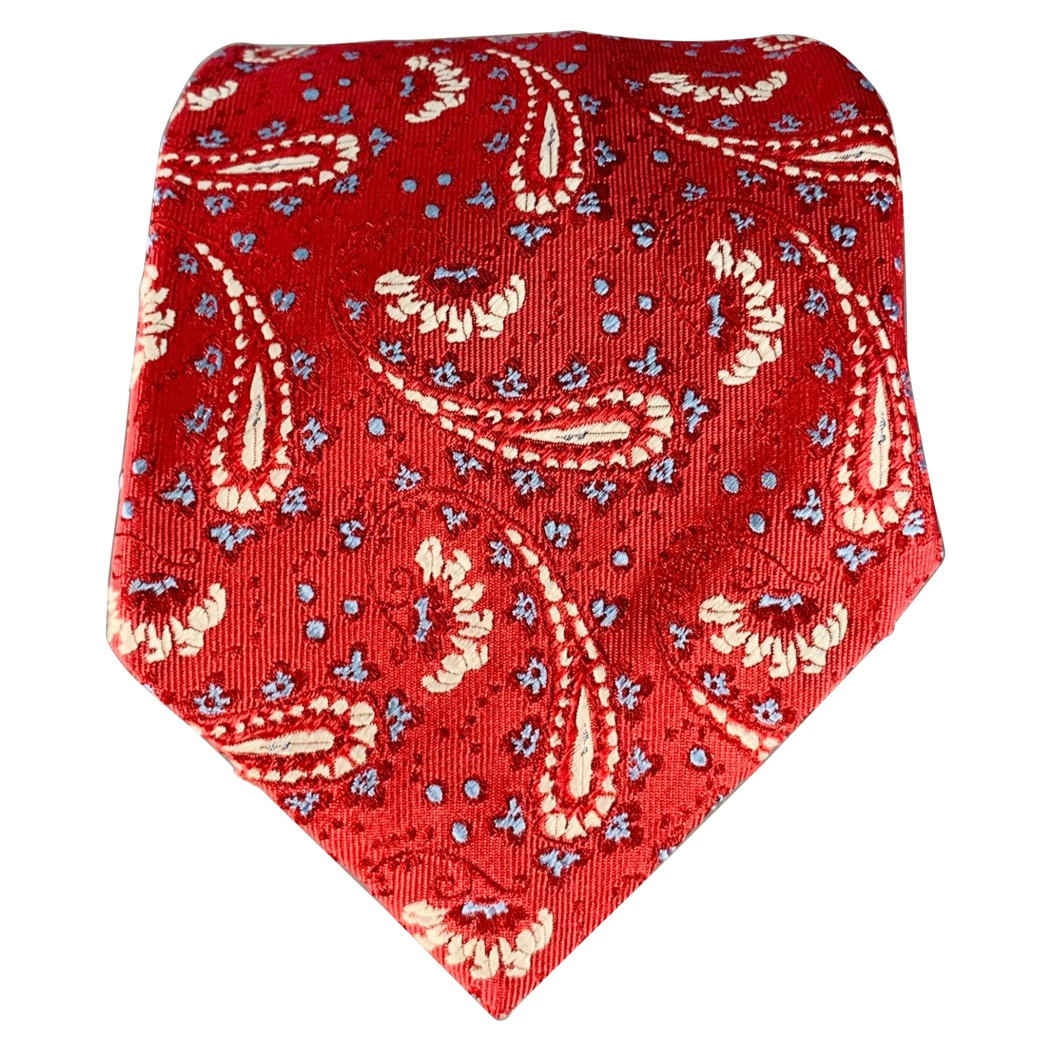 ISAIA Red White Paisley Jacquard Silk Tie For Sale