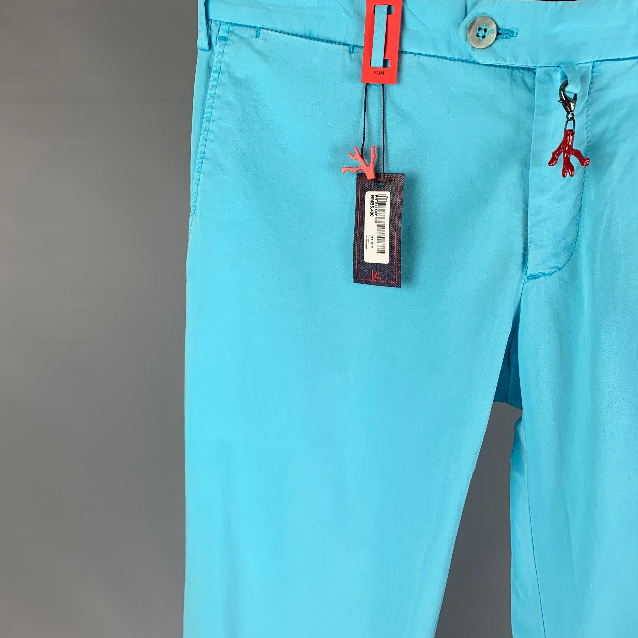 ISAIA pants comes in a aqua blue cotton featuring a slim fit, logo charm, and a zip fly closure. Made in Italy.
New with tags.
 

Marked:   48 R  

Measurements: 
  Waist: 32 inches Rise: 8.5 inches Inseam: 35 inches Leg Opening: 14 inches 
  
  
