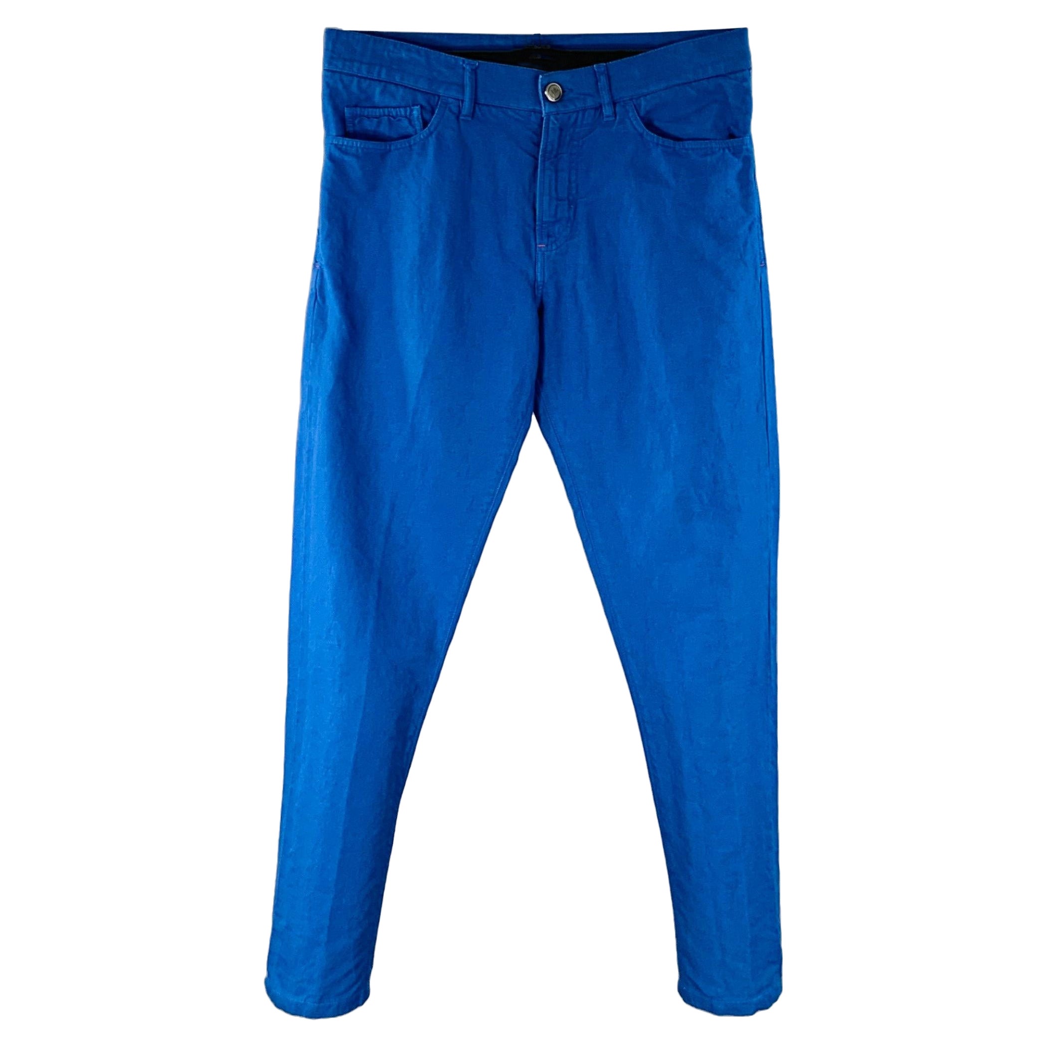 Isaia Taglia 32 Blu Cotone Lino Cinque Tasche Tapered Zip Fly Pantaloni Casual in vendita