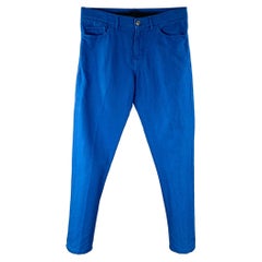 Isaia Taglia 32 Blu Cotone Lino Cinque Tasche Tapered Zip Fly Pantaloni Casual