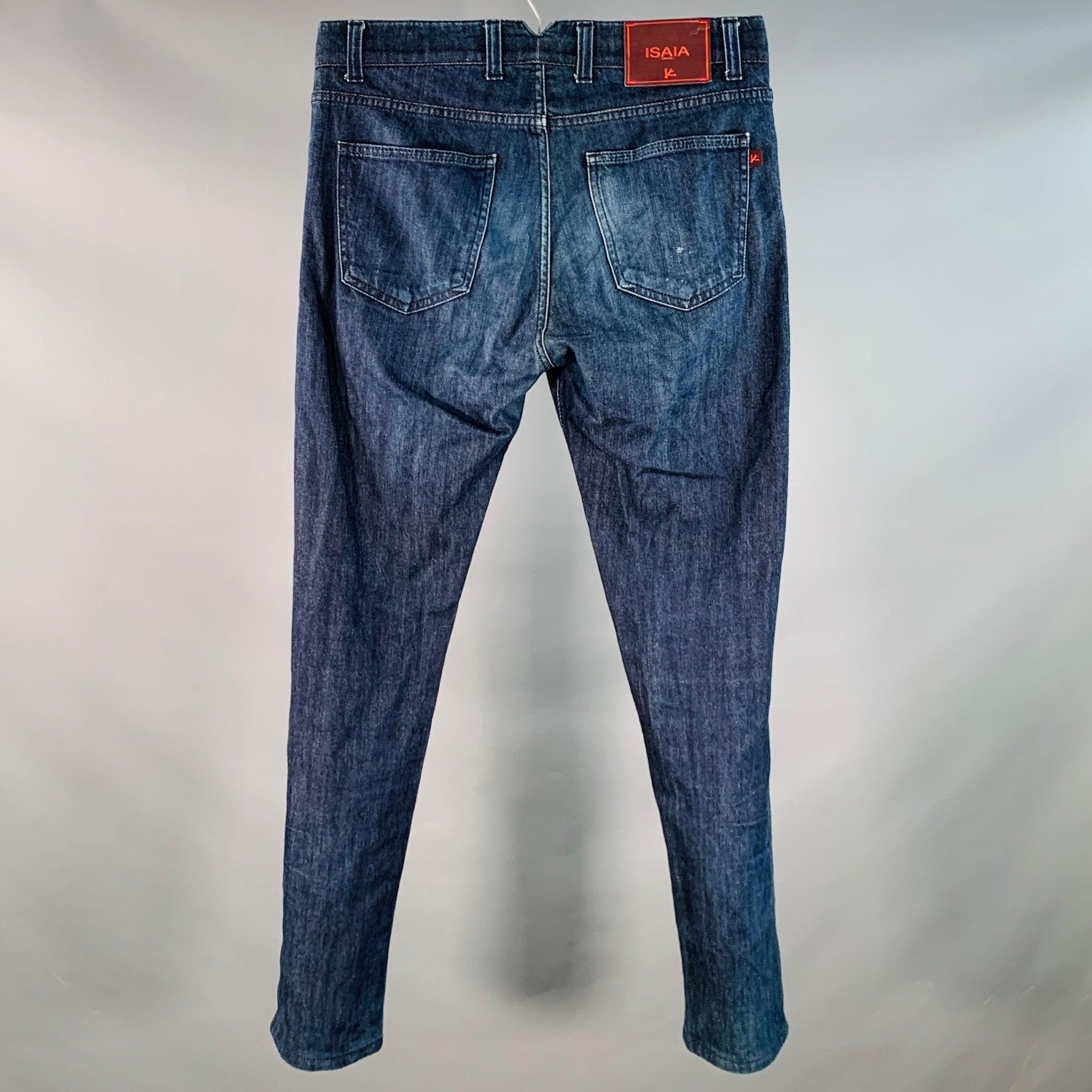 ISAIA Talla 32 Vaqueros pitillo de sarga de algodón azul con orillo Azul en venta