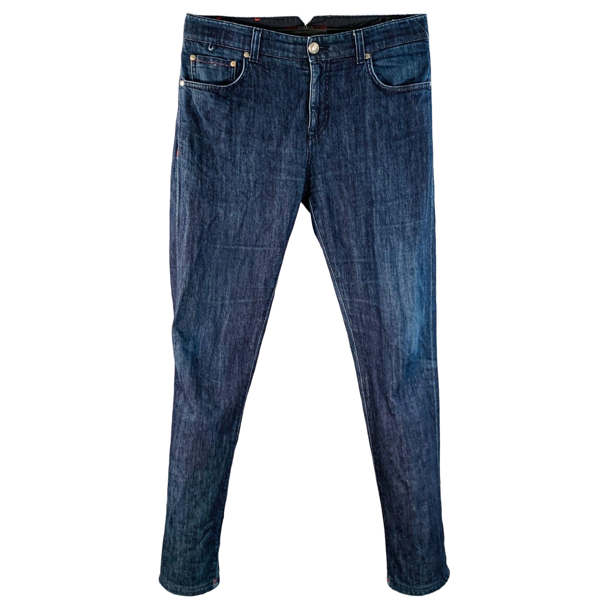 ISAIA Talla 32 Vaqueros pitillo de sarga de algodón azul con orillo