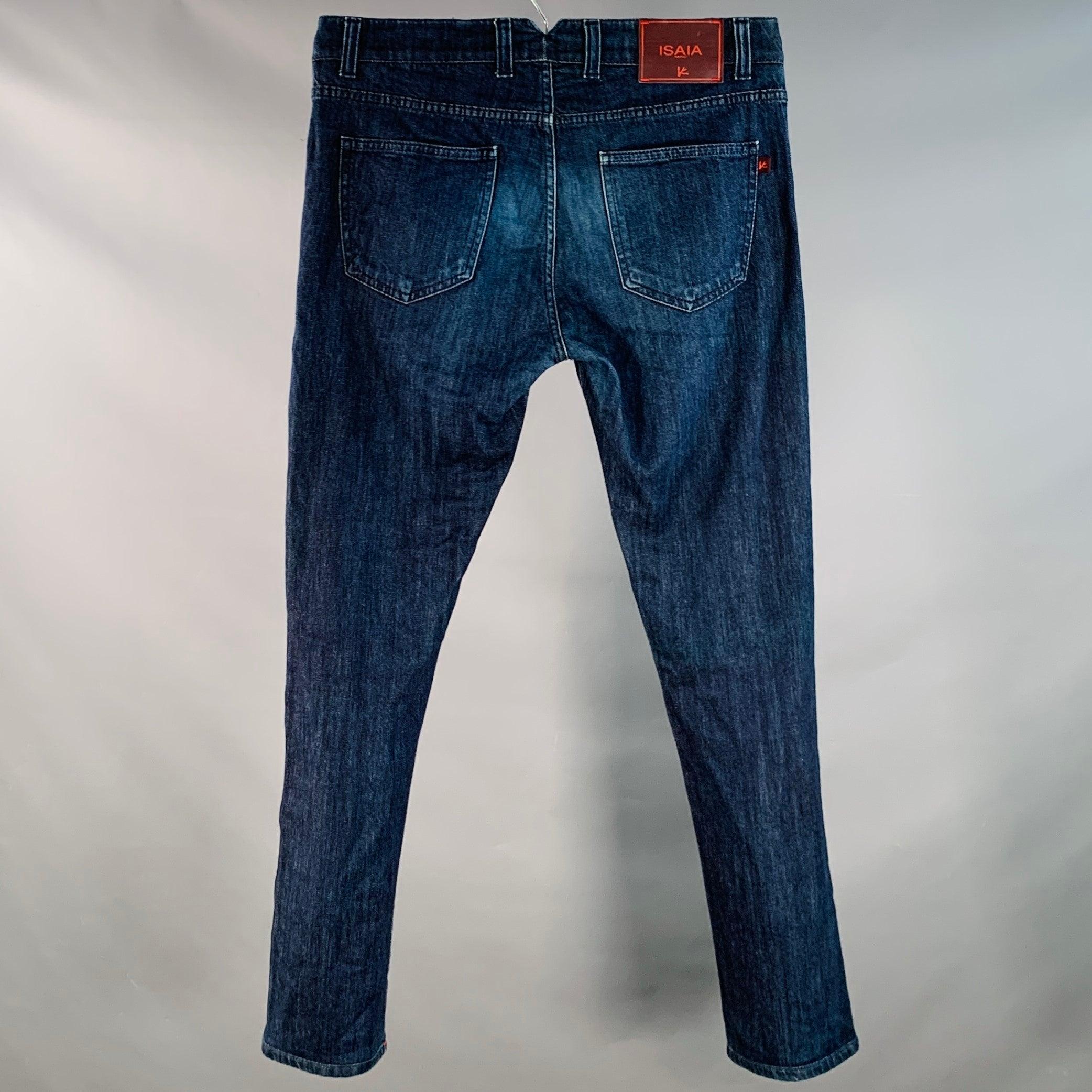 ISAIA Vaqueros pitillo de sarga de algodón azul con orillo talla 34 Negro en venta