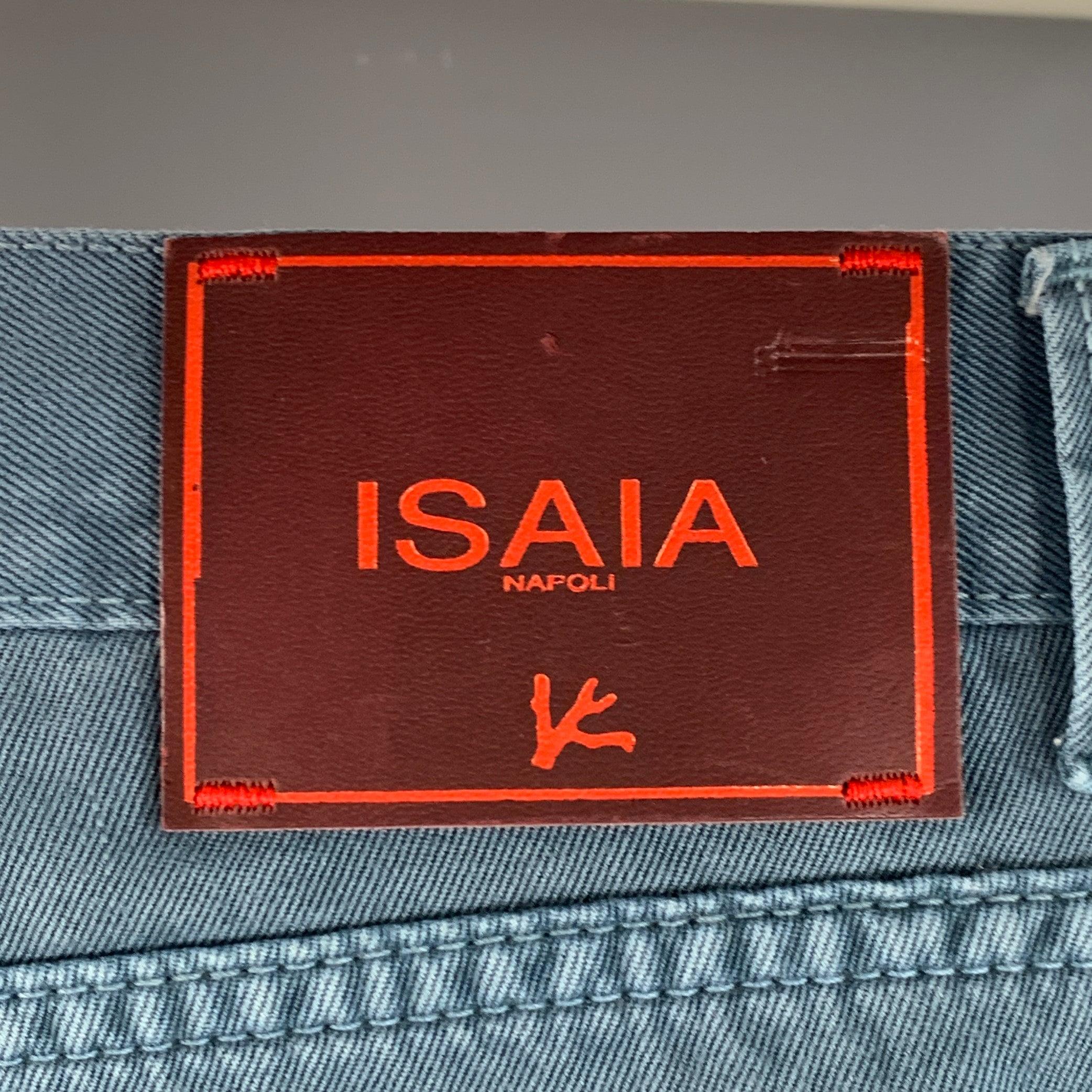 ISAIA Talla 34 Azul Algodón Selvedge Sarga Recto Botón Bragueta Pantalones Casual en Excelente estado para la venta en San Francisco, CA