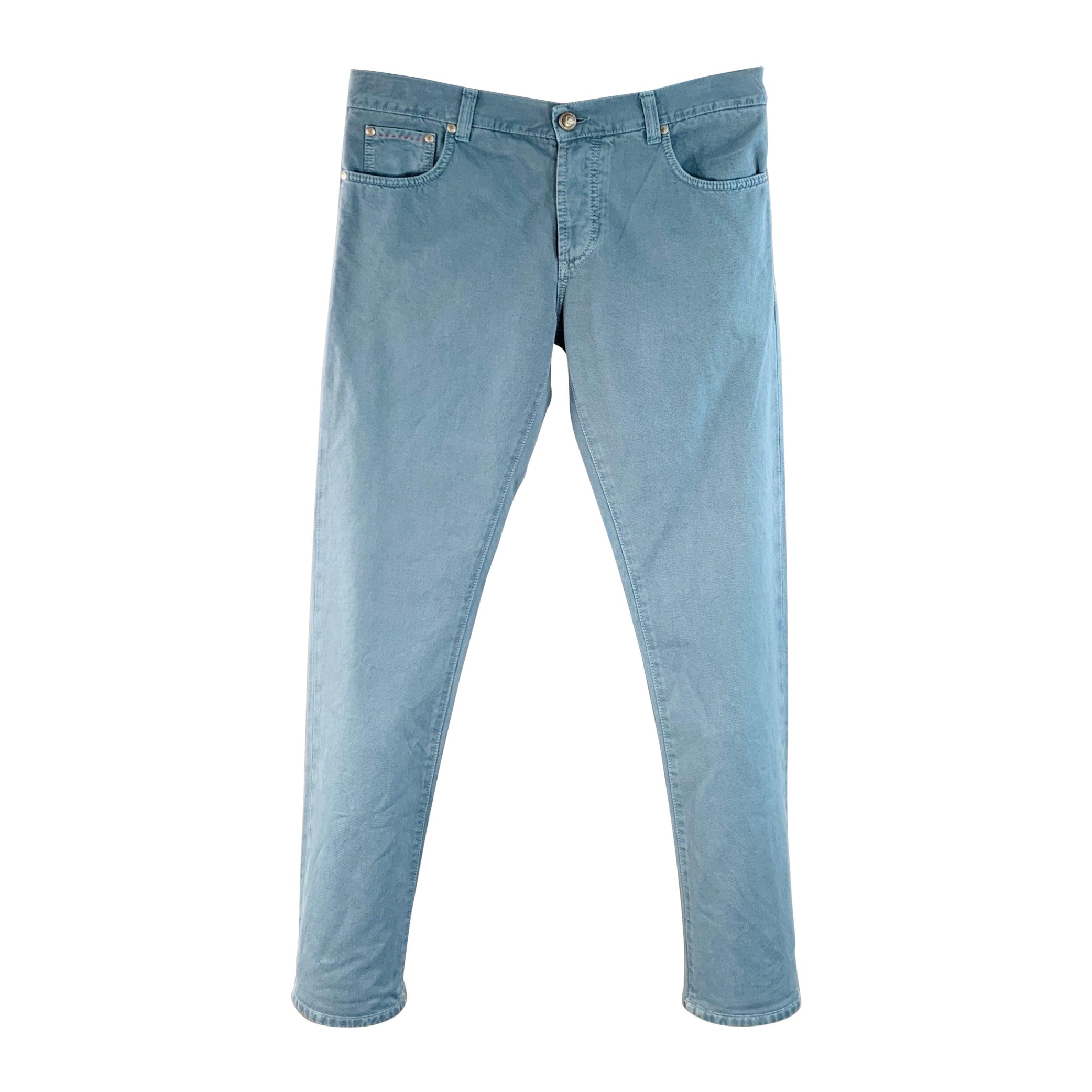 ISAIA Talla 34 Azul Algodón Selvedge Sarga Recto Botón Bragueta Pantalones Casual