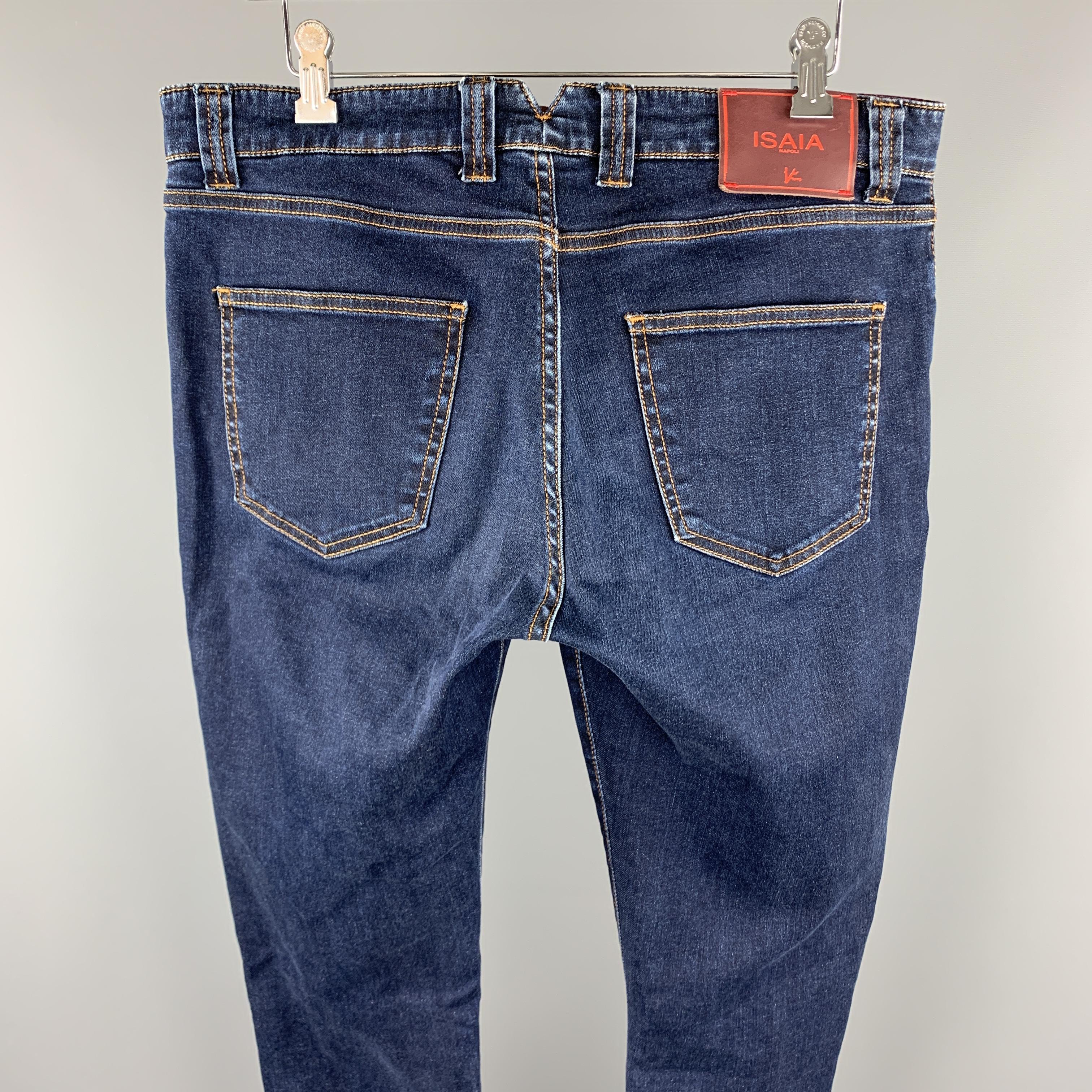 ISAIA Size 34 Indigo Denim Contrast Stitching Button Fly Jeans In Excellent Condition In San Francisco, CA
