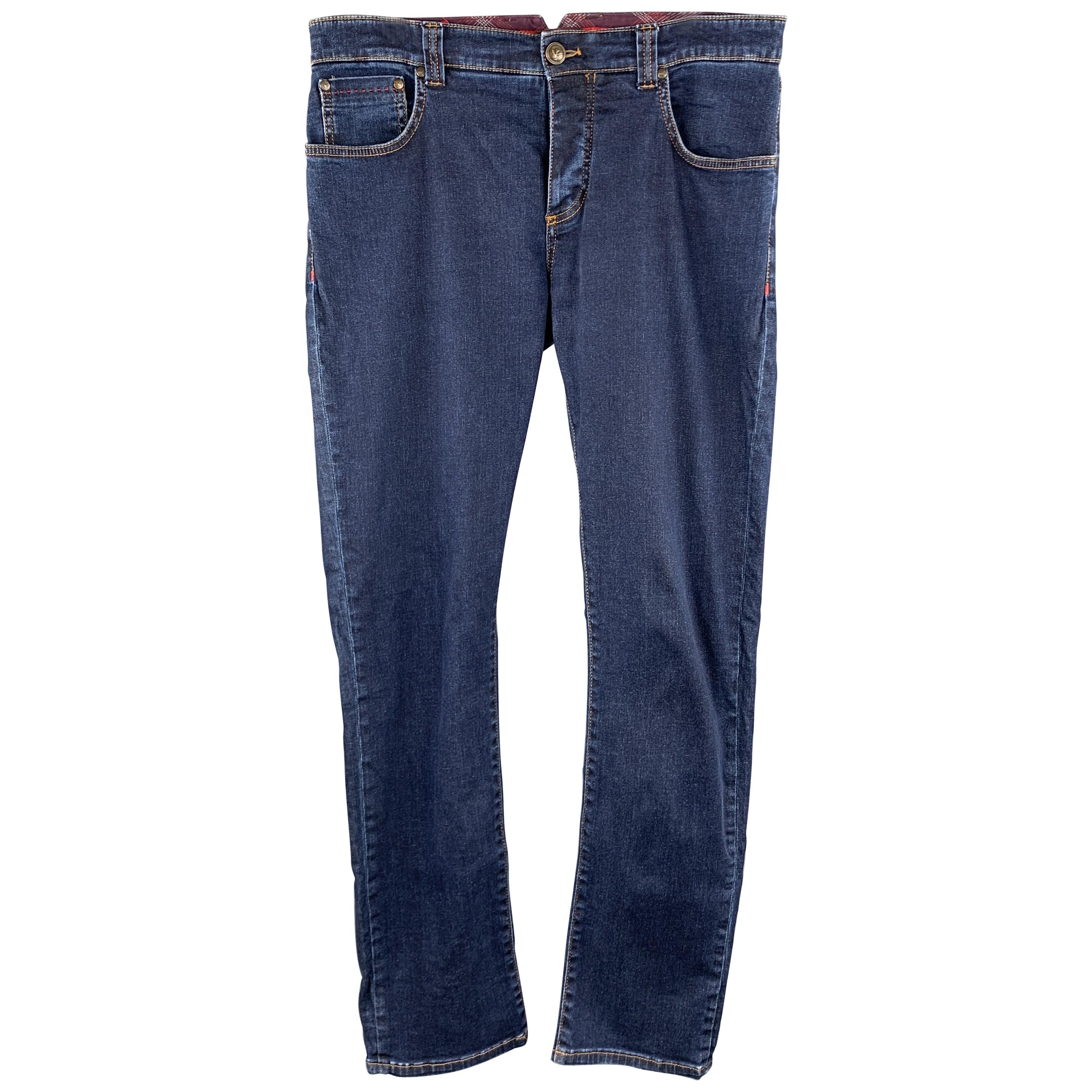 ISAIA Size 34 Indigo Denim Contrast Stitching Button Fly Jeans