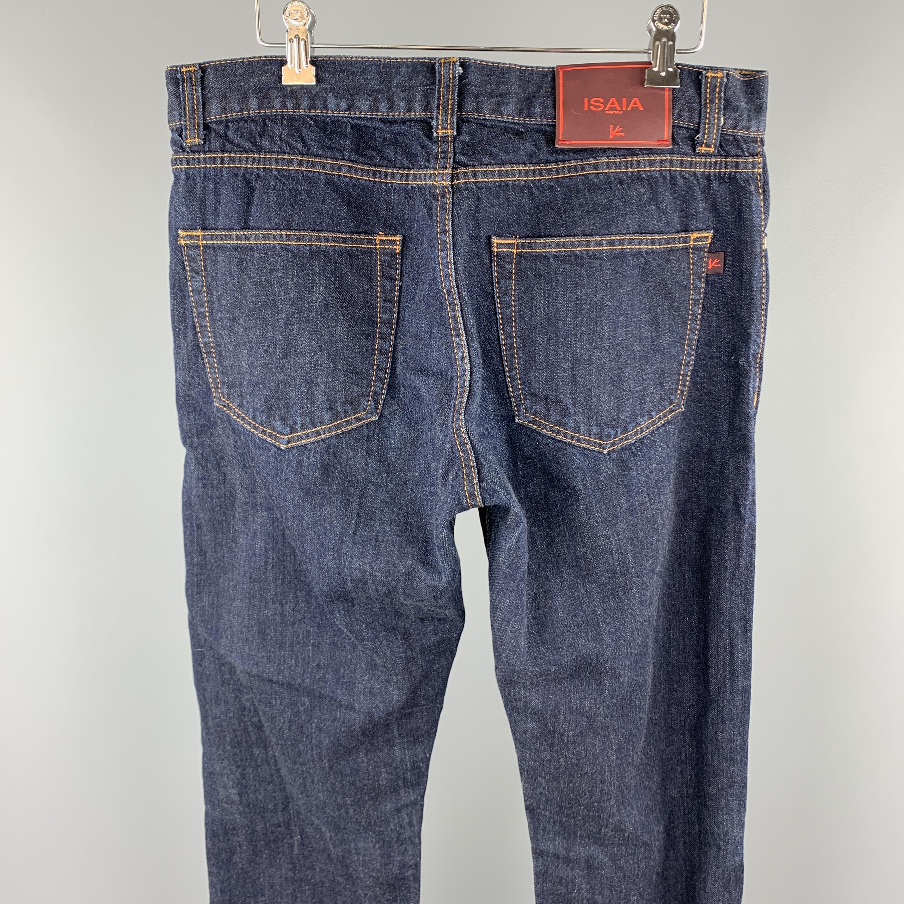 ISAIA Size 34 Indigo Selvedge Denim Contrast Stitching Button Fly Jeans In Excellent Condition In San Francisco, CA