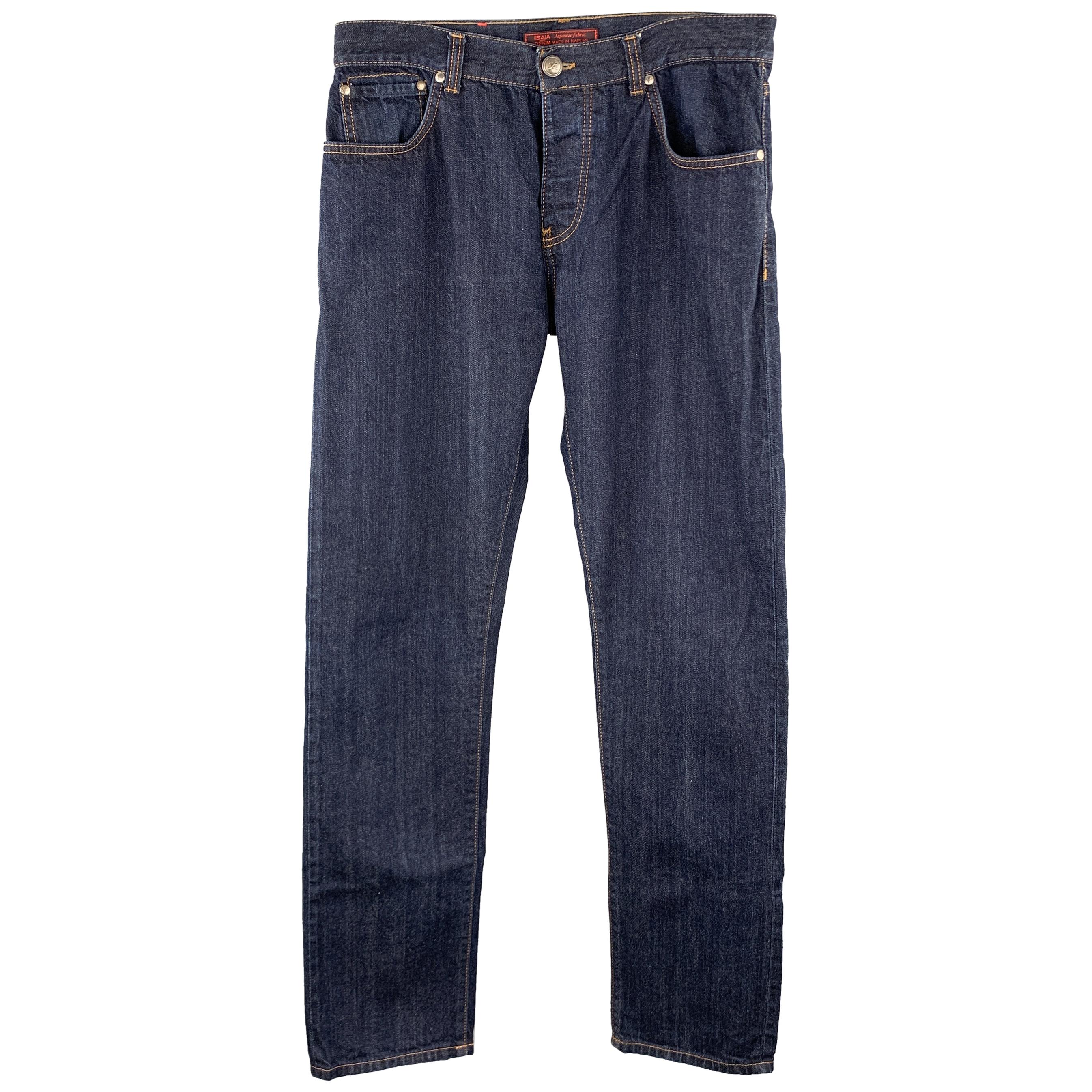 ISAIA Size 34 Indigo Selvedge Denim Contrast Stitching Button Fly Jeans