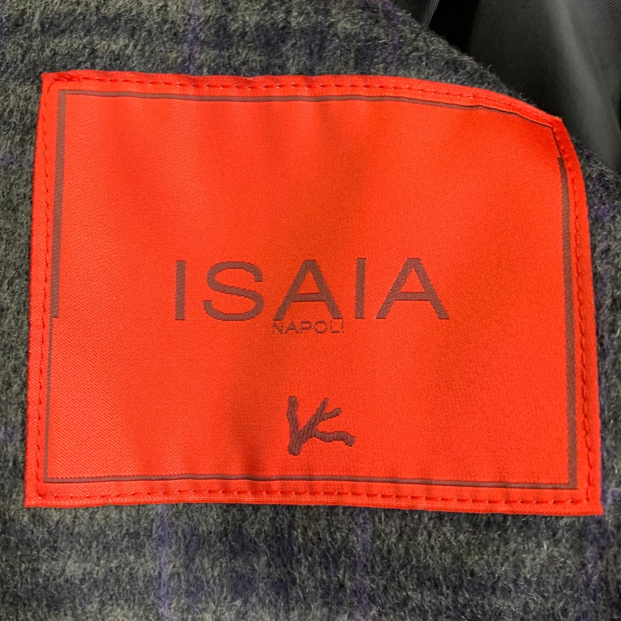 ISAIA Größe 38 Grau Lila Kariert Kaschmir Einreihig Versteckt Knöpfe Mantel Herren im Angebot
