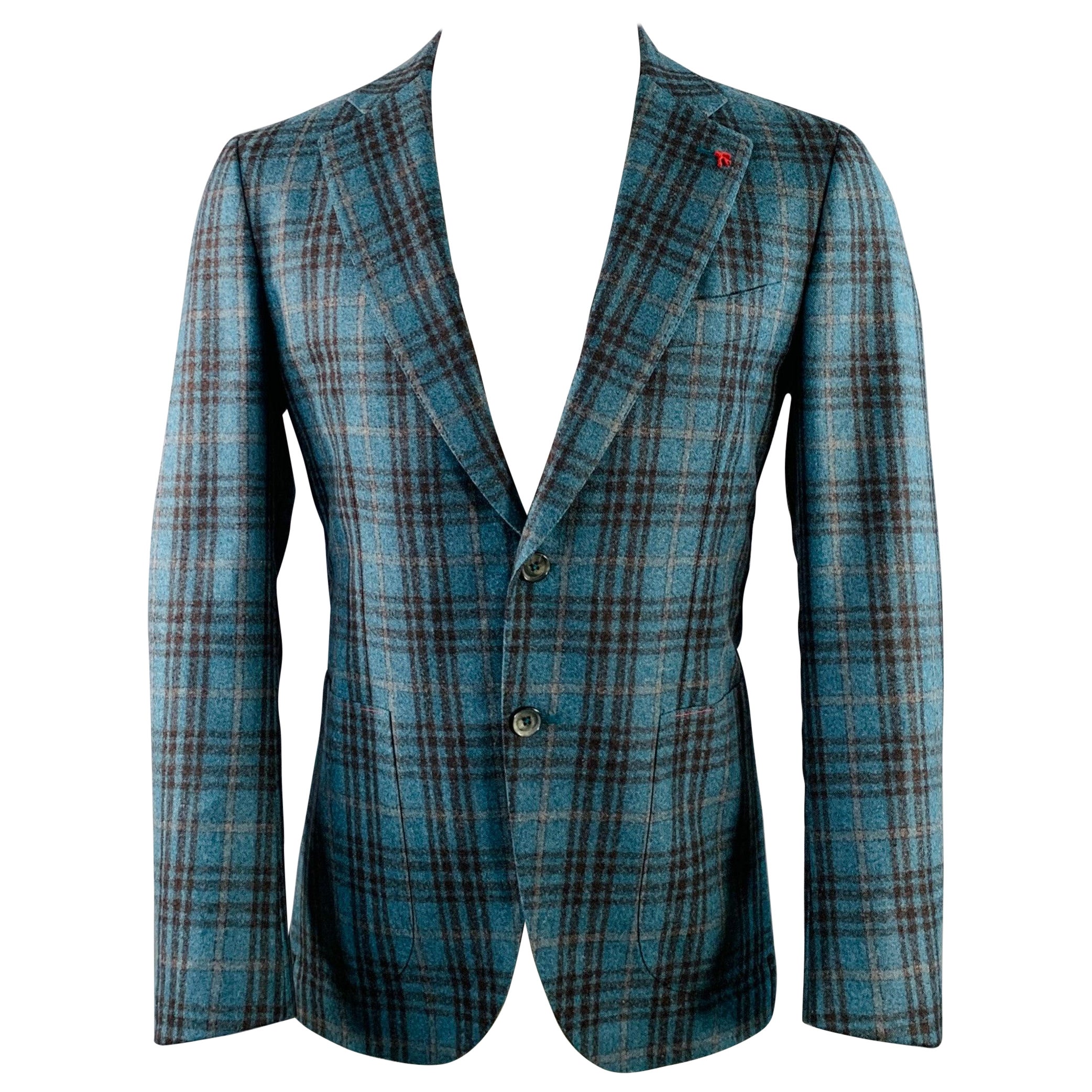 ISAIA Size 38 Regular Blue Brown Plaid Wool Notch Lapel Sport Coat