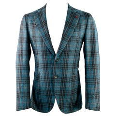 ISAIA Größe 38 Regular Blau Braun Kariert Wolle Notch Revers Sport Mantel ISAIA Größe 38 Regular Blau Braun Kariert Wolle Notch Revers Sport Mantel
