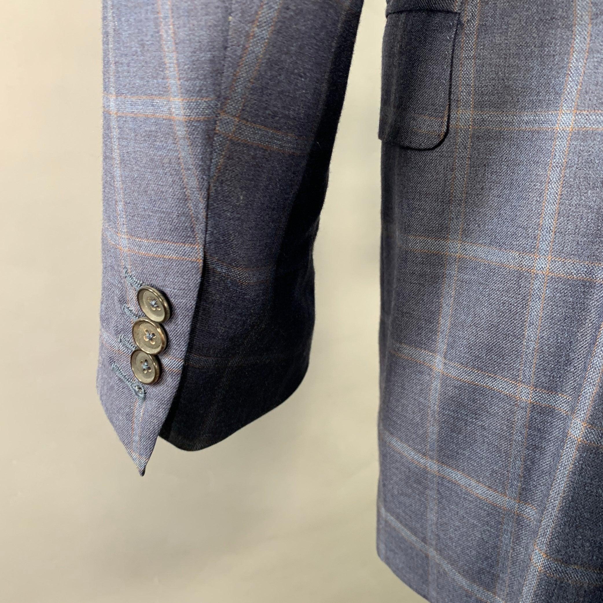Men's ISAIA Size 40 Blue Orange Plaid Wool Single Breasted Sport Coat For Sale