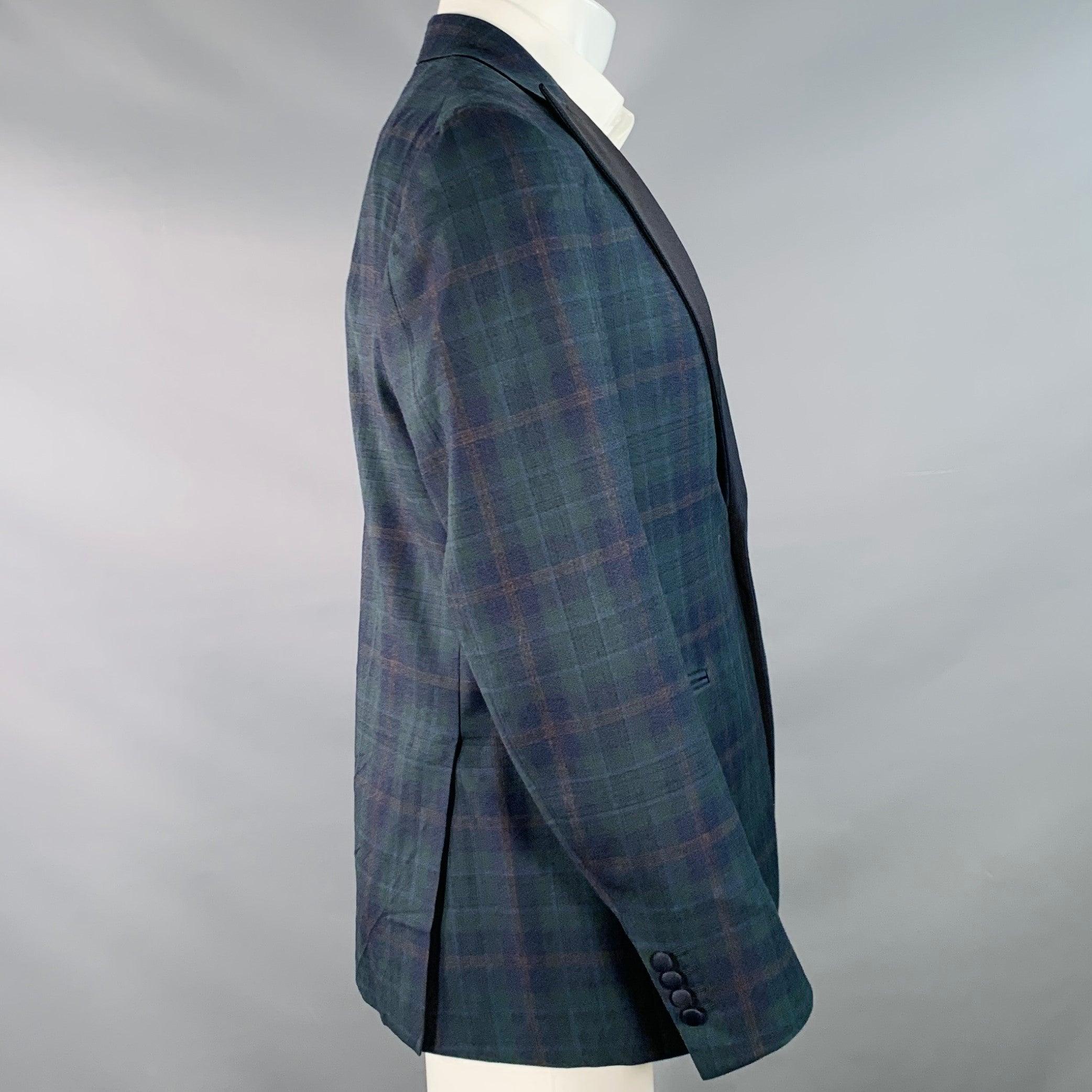 ISAIA Size 40 Green Navy Plaid Wool Peak Lapel Sport Coat In Excellent Condition For Sale In San Francisco, CA
