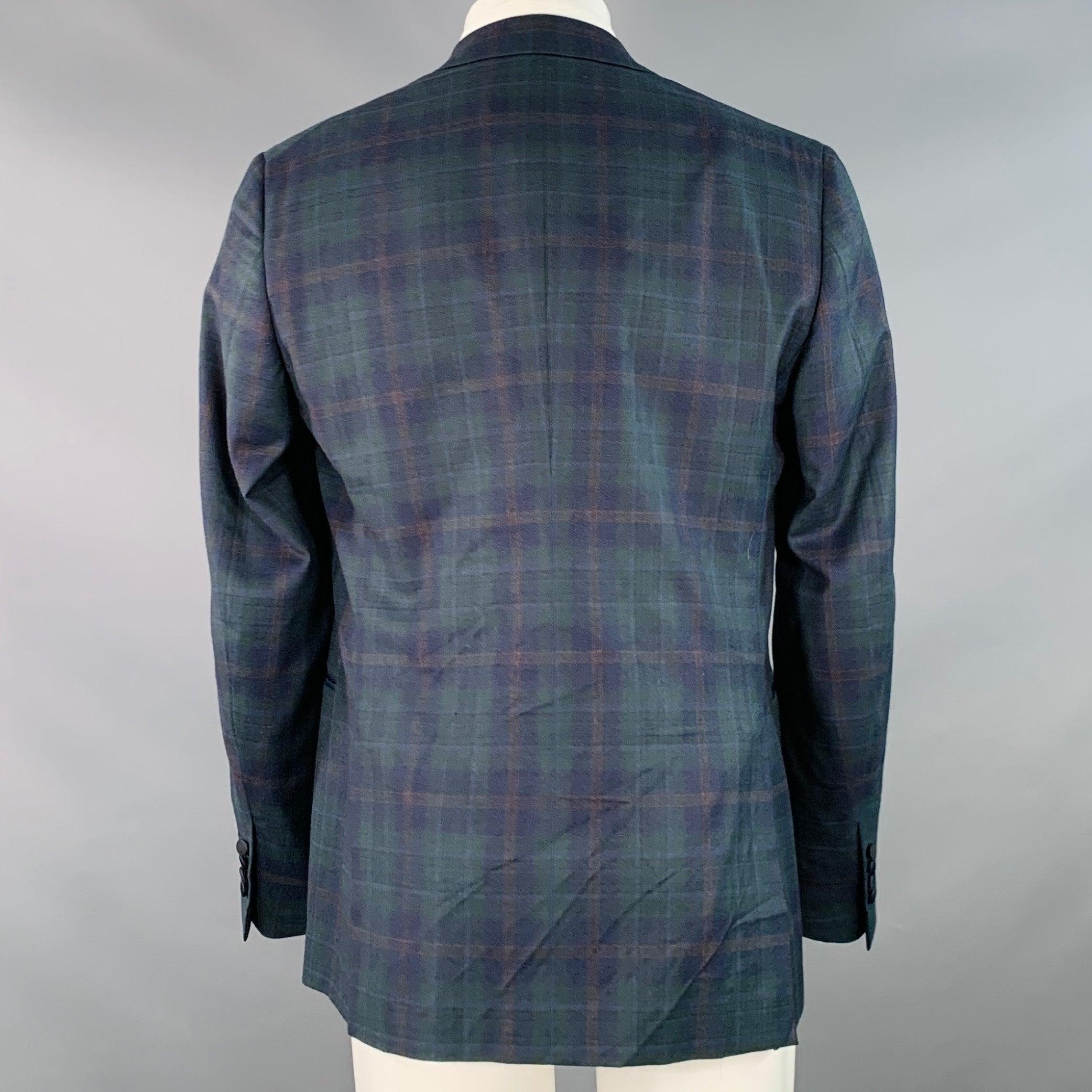 Men's ISAIA Size 40 Green Navy Plaid Wool Peak Lapel Sport Coat For Sale