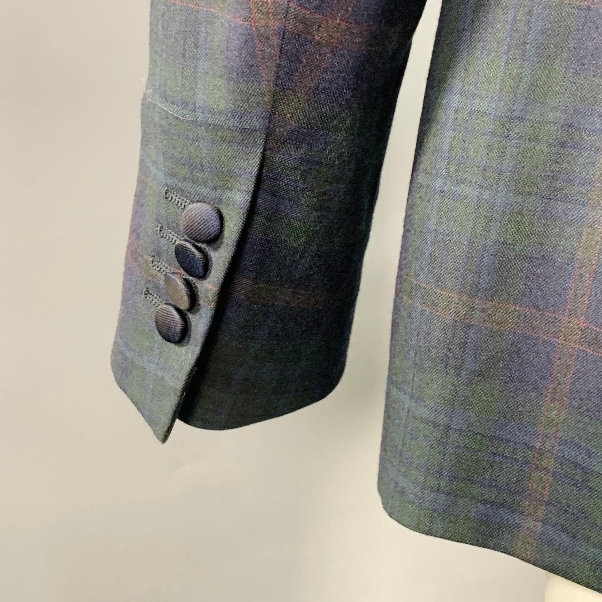 ISAIA Size 40 Green Navy Plaid Wool Peak Lapel Sport Coat For Sale 1