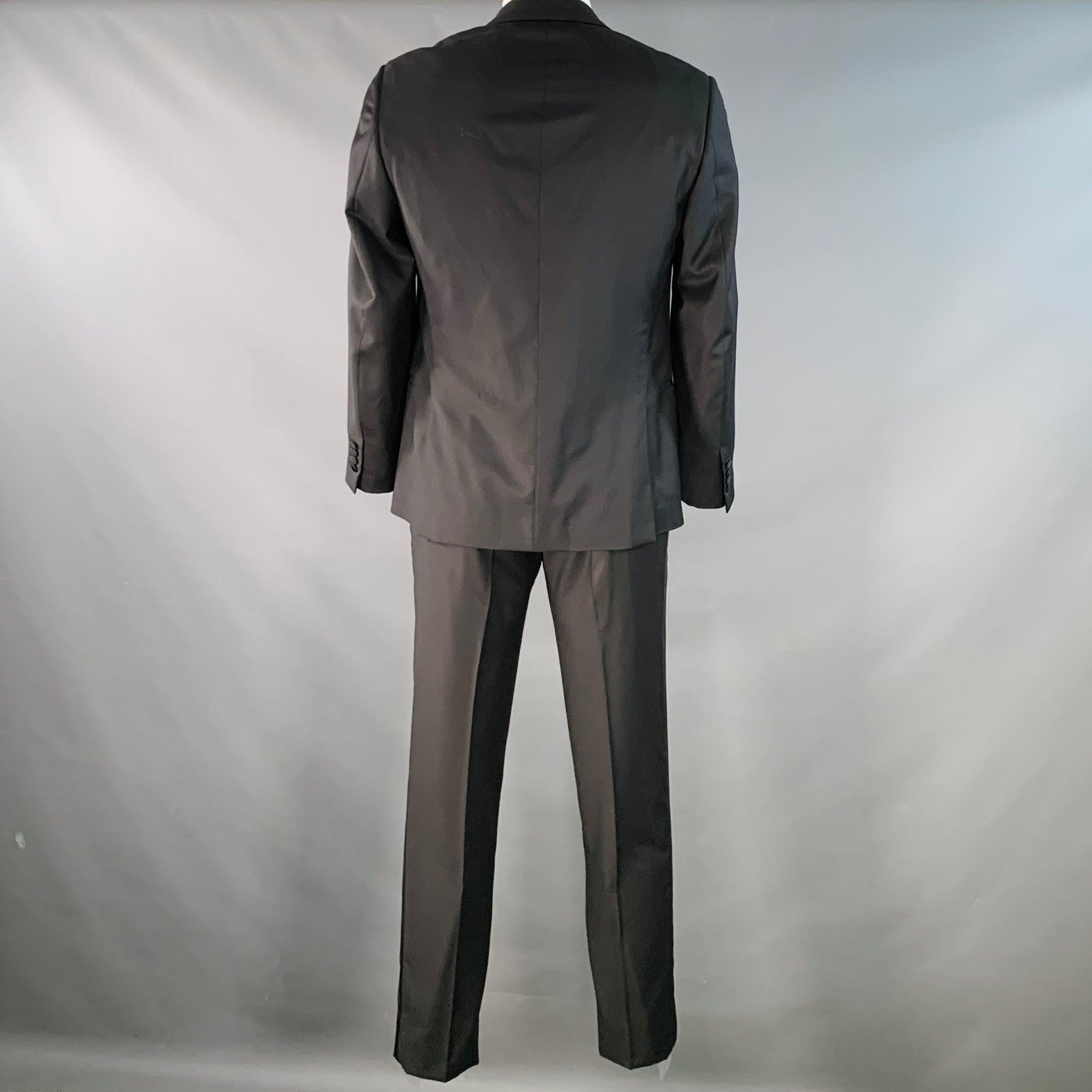 Men's ISAIA Size 42 Regular Black Wool Satin Peak Lapel Tuxedo For Sale