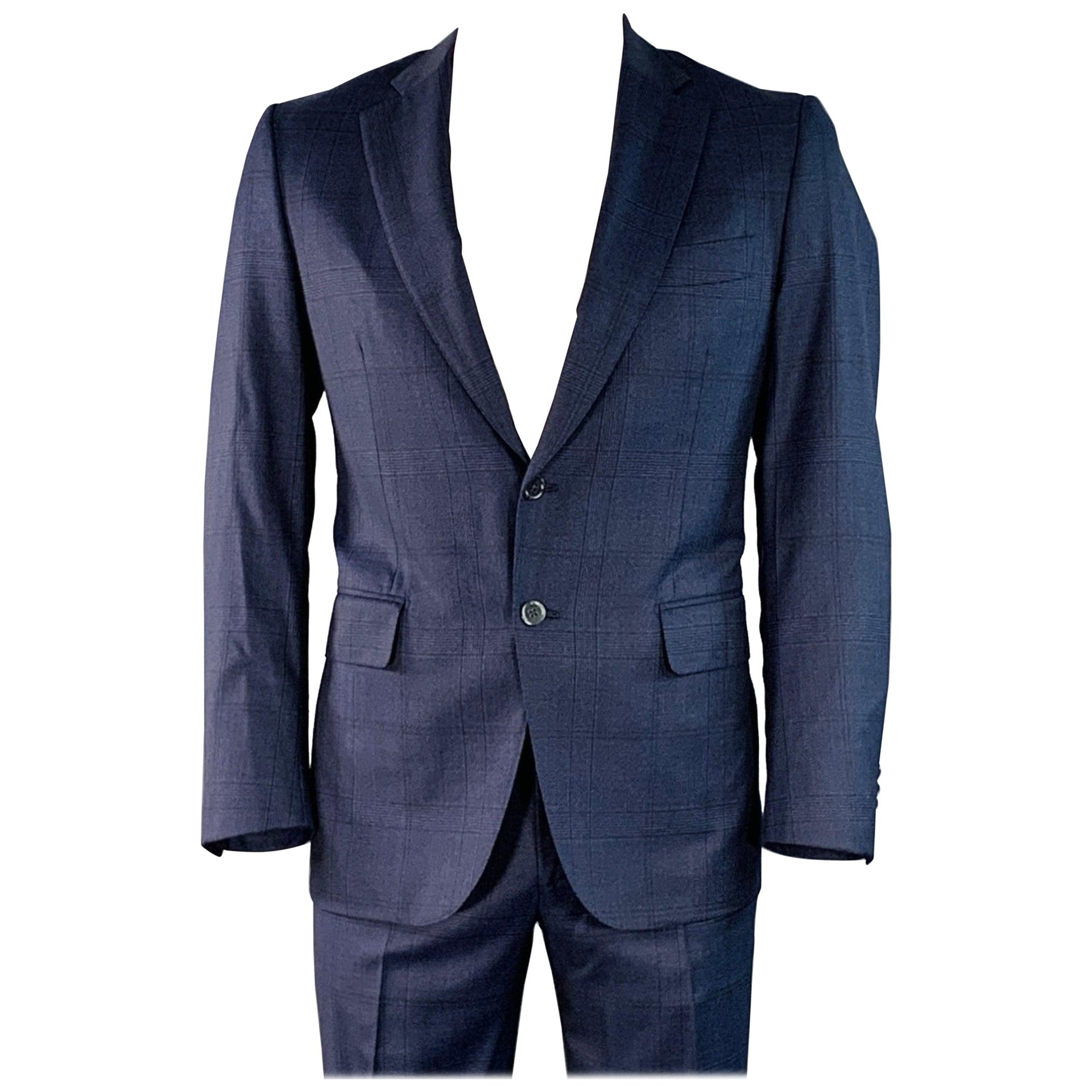 ISAIA Size 42 Regular Navy Black Glenplaid Wool Notch Lapel Suit