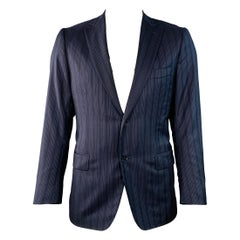 ISAIA Size 42 Regular Navy Blue White Stripe Wool Twill Sport Coat